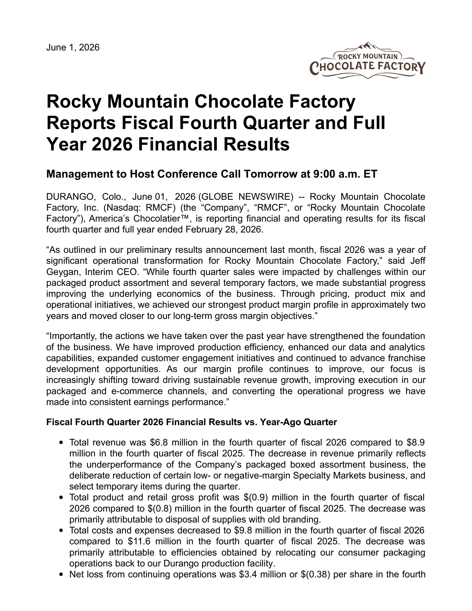 Rocky Mountain Chocolate Factory's Q4 2026 Press Release