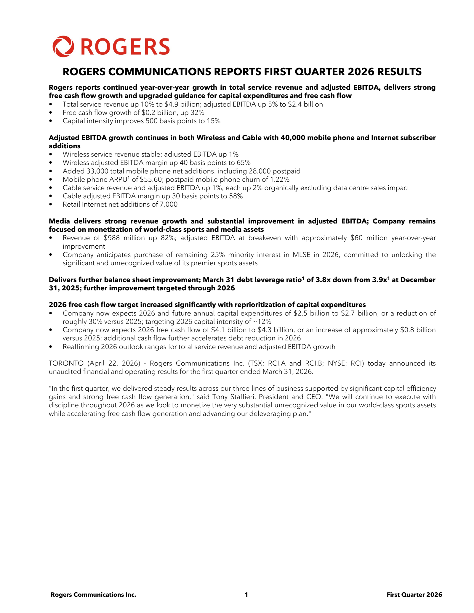 Rogers Communication's Q1 2026 Press Release