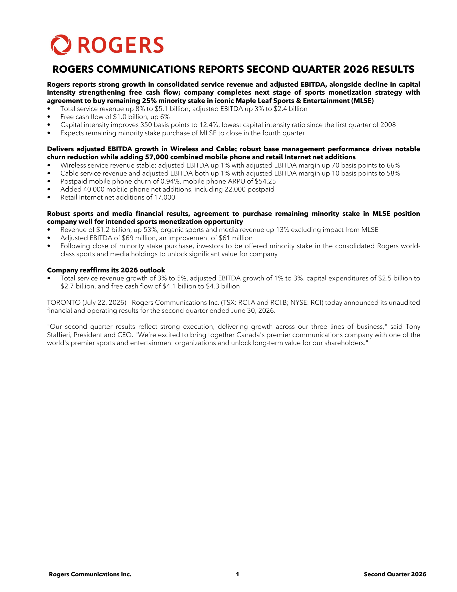 Rogers Communication's Q2 2026 Press Release