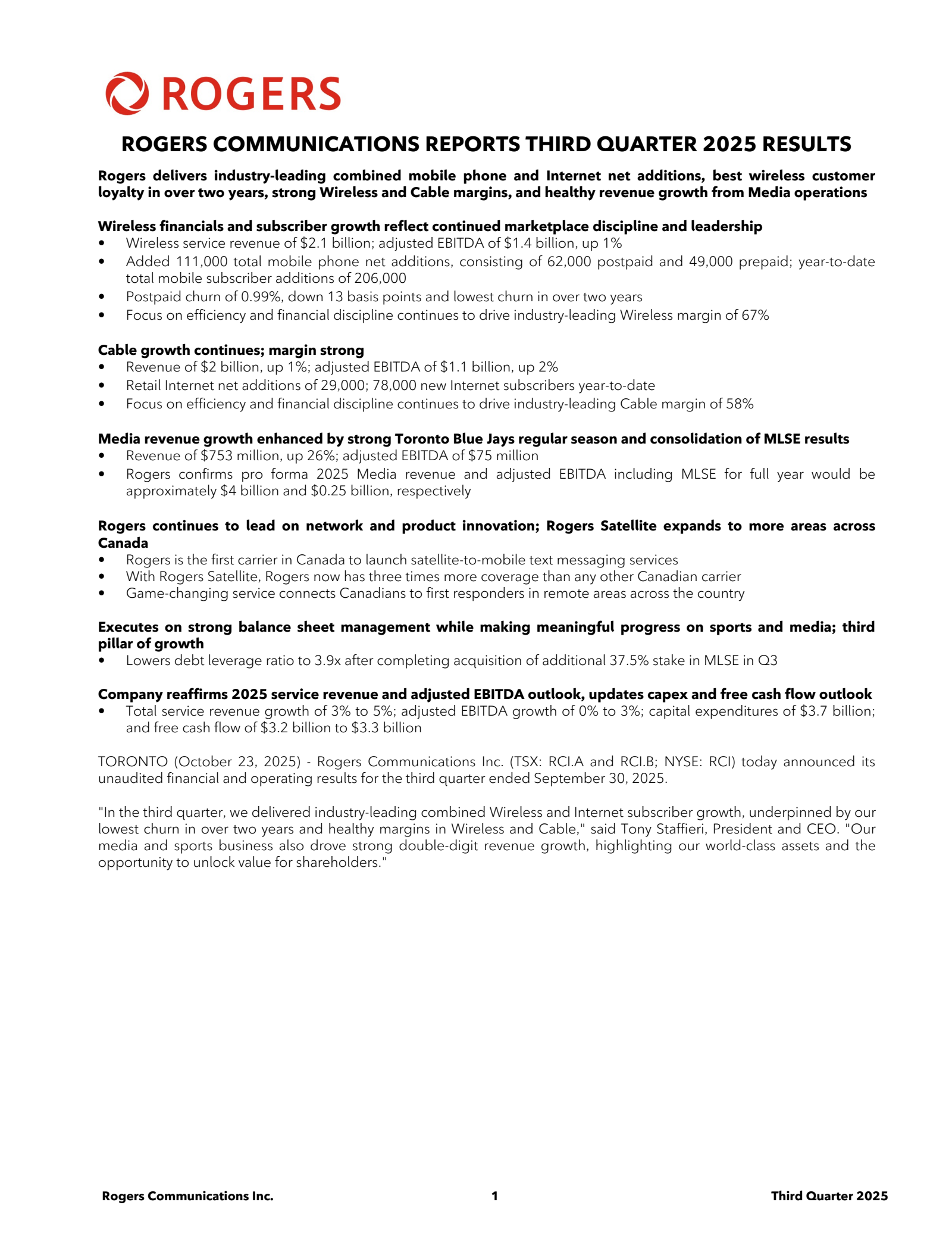 Rogers Communication's Q3 2025 Earnings Release