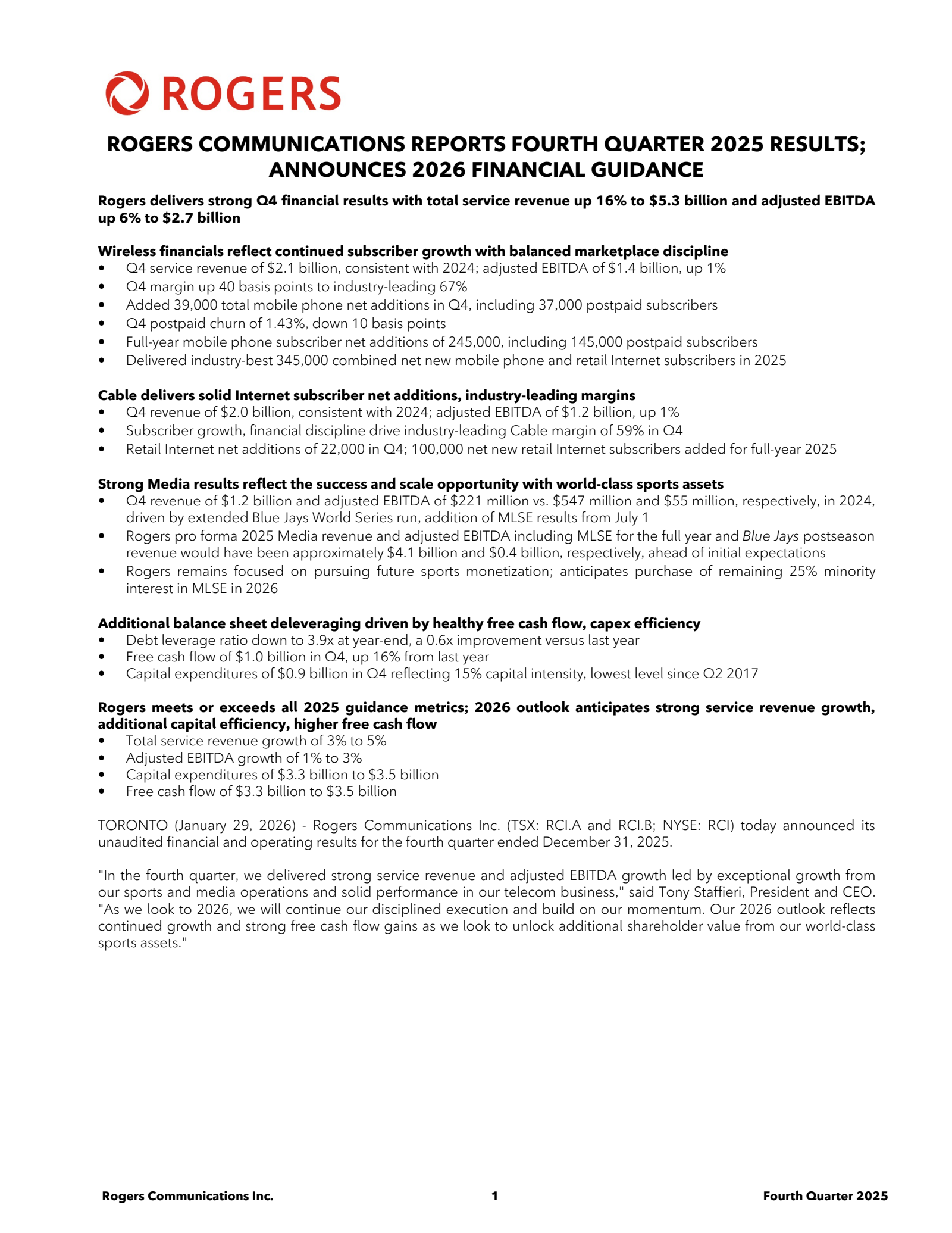 Rogers Communication's Q4 2025 Press Release