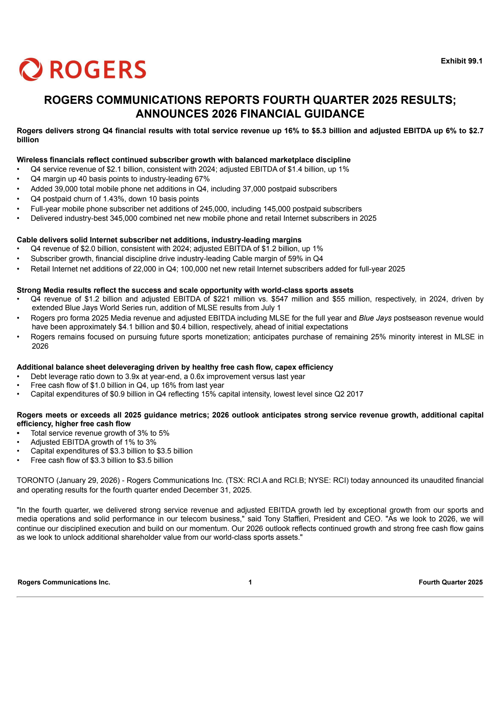 Rogers Communication's Q4 2025 Press Release