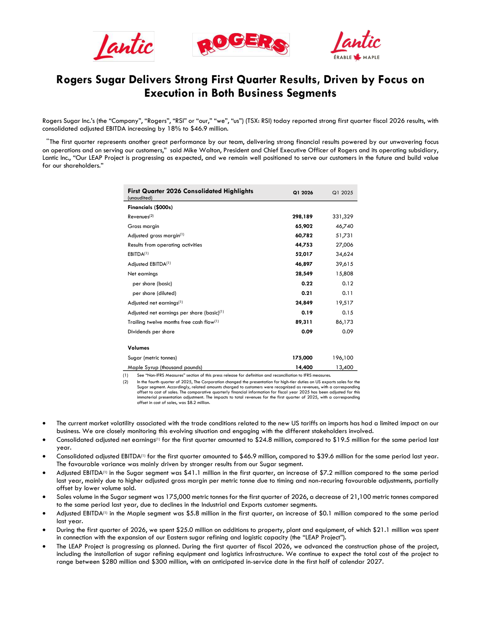 Rogers Sugar's Q1 2026 Press Release