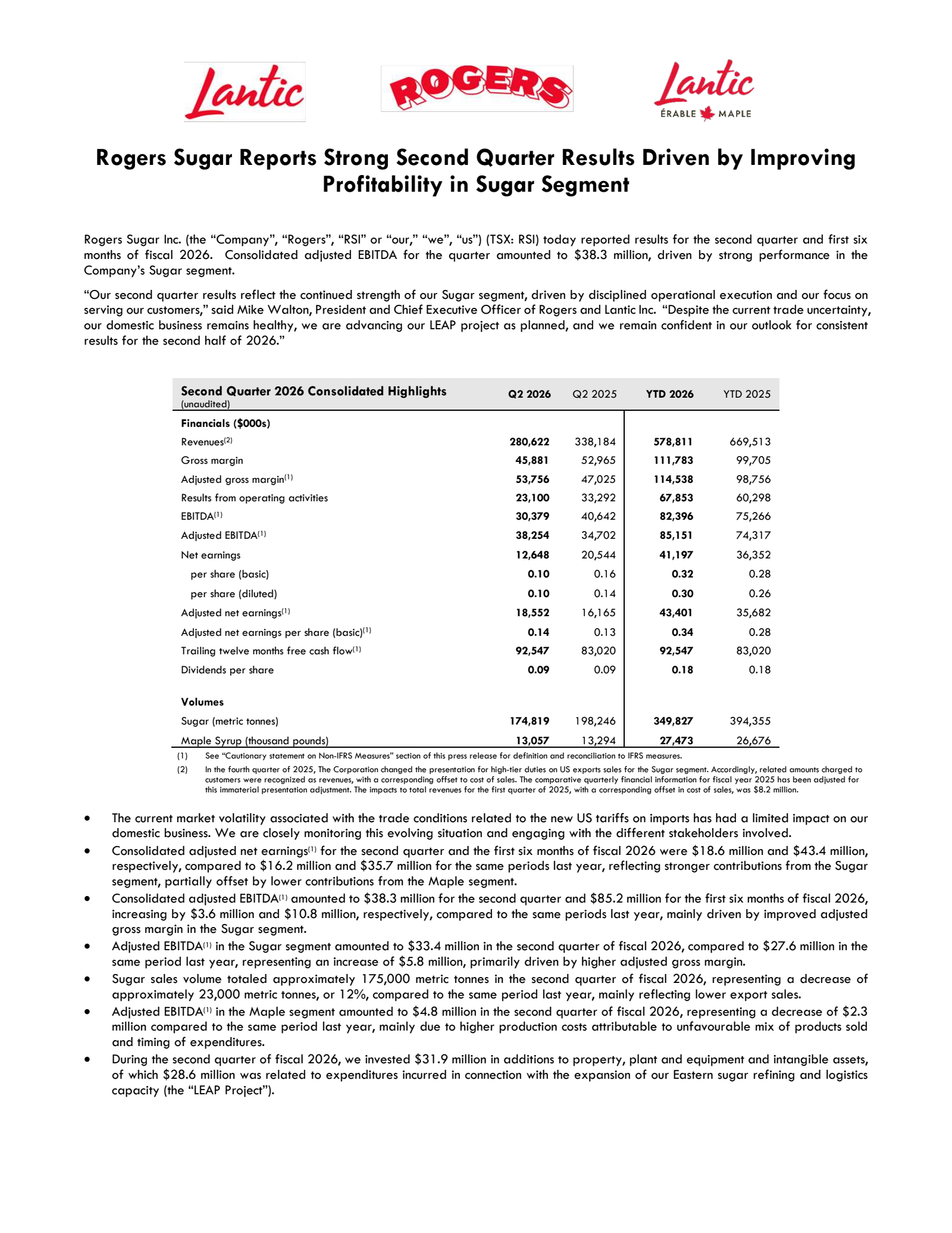 Rogers Sugar's Q2 2026 Press Release
