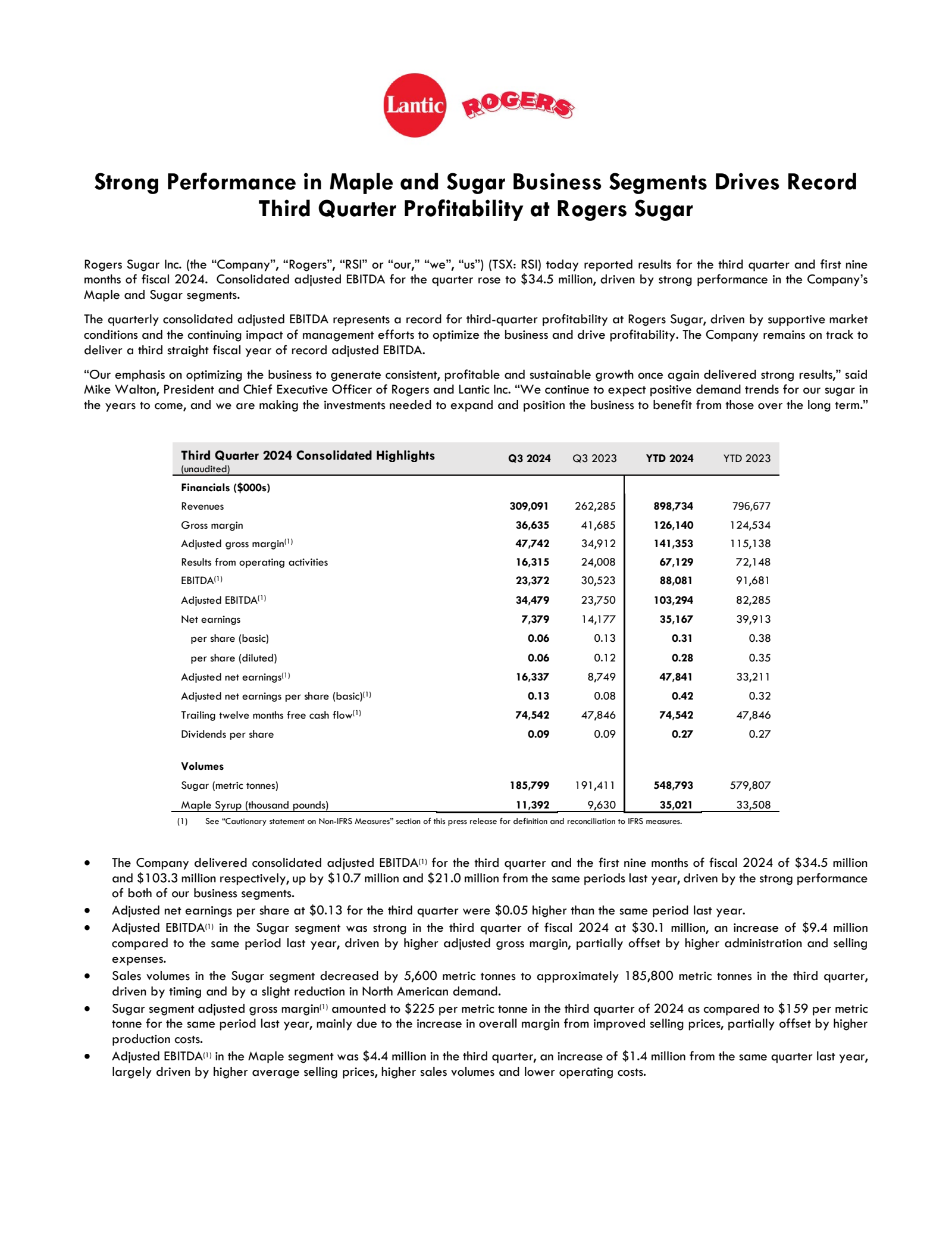 Rogers Sugar's Q3 2024 Press Release