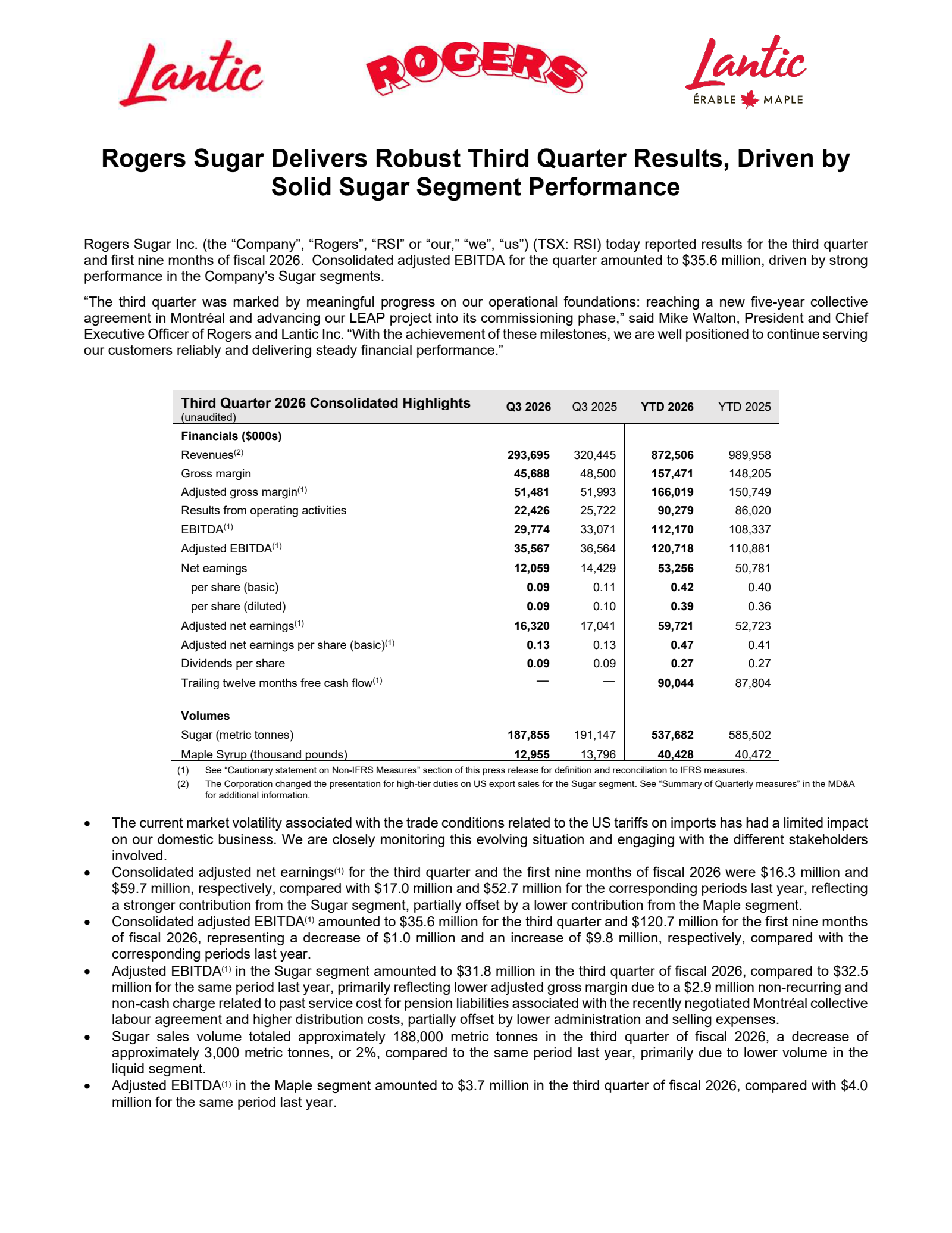 Rogers Sugar's Q3 2026 Press Release