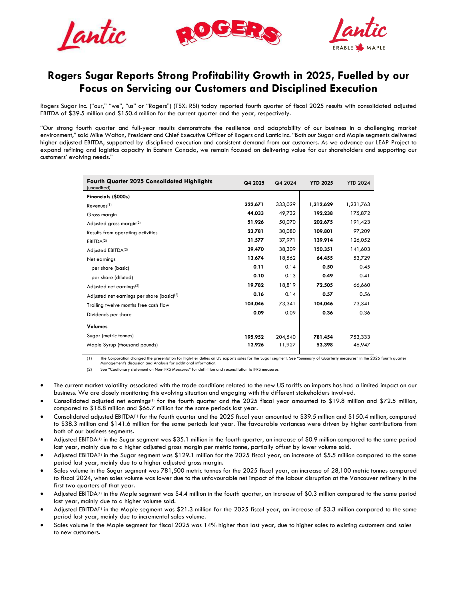 Rogers Sugar's Q4 2025 Earnings Release