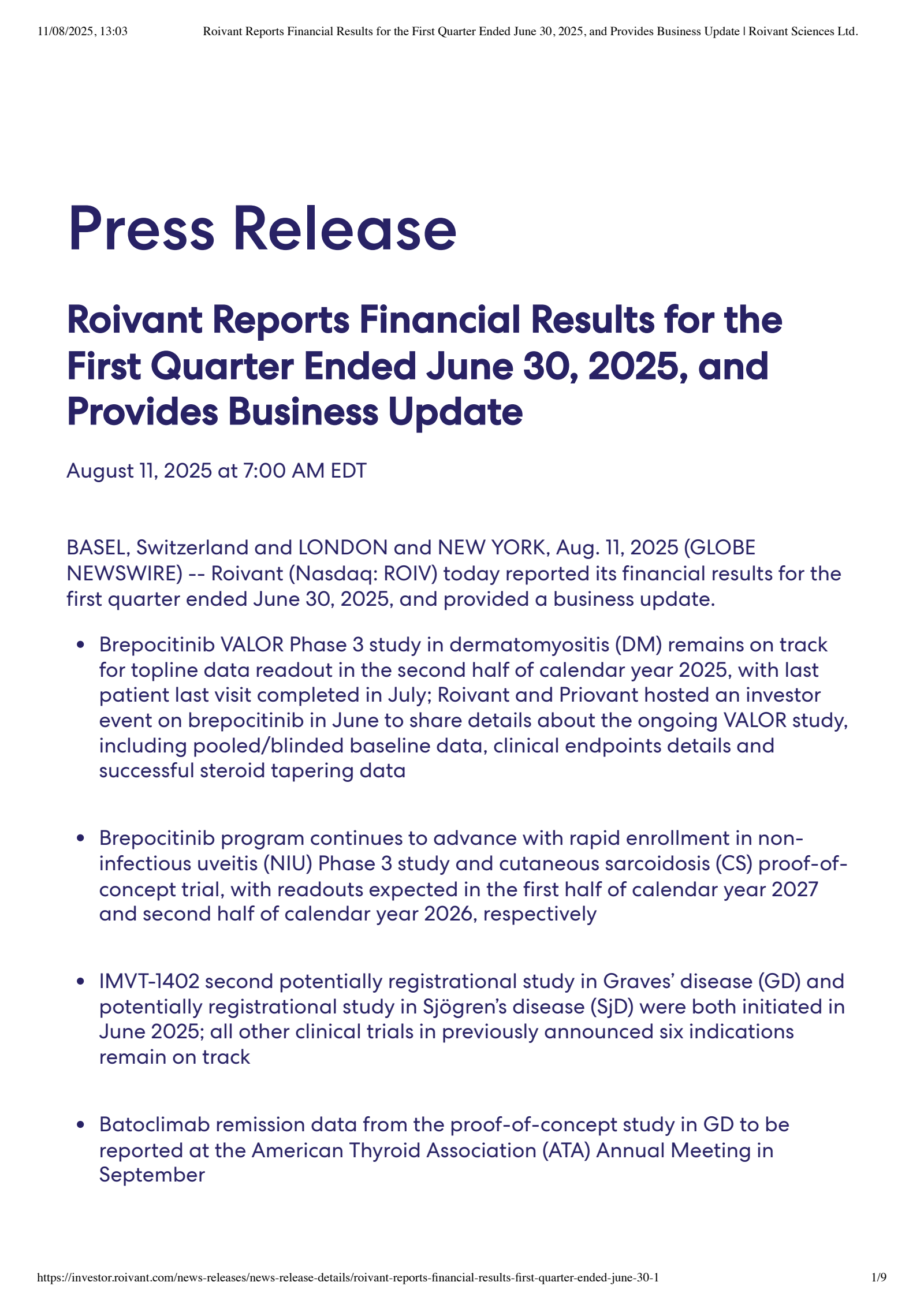 Roivant Sciences' Q1 2026 Press Release