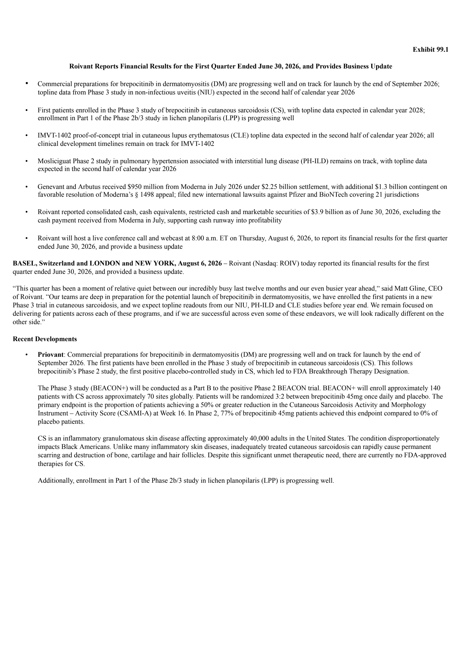 Roivant Sciences' Q1 2027 Press Release
