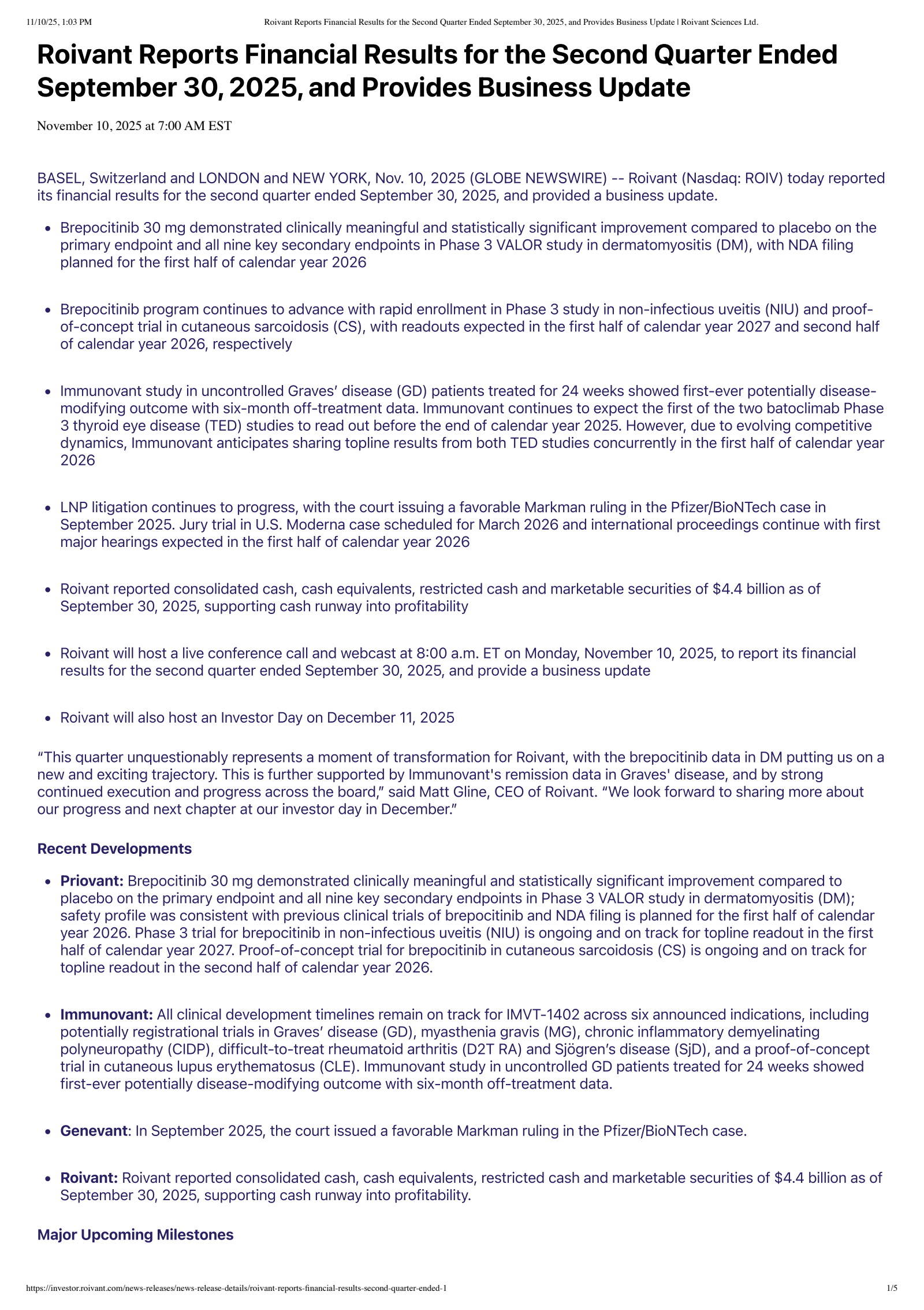 Roivant Sciences' Q2 2026 Earnings Release
