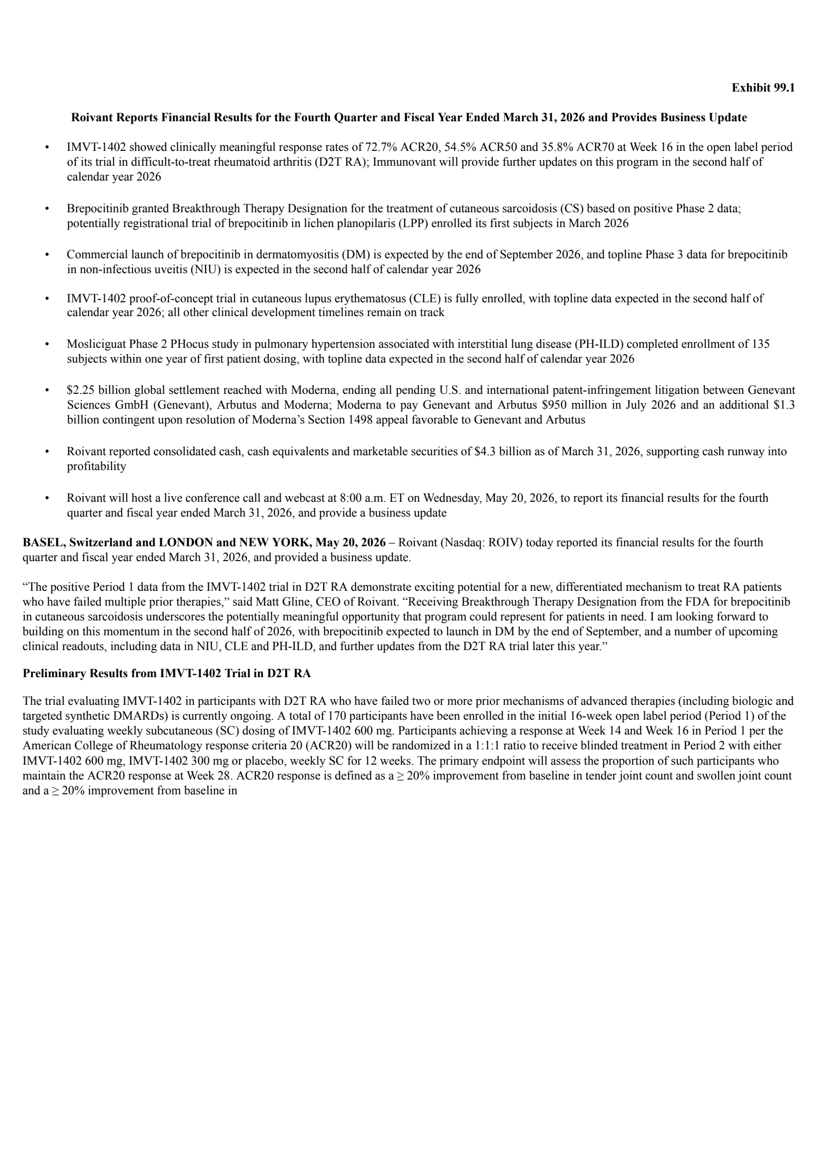 Roivant Sciences' Q4 2026 Press Release