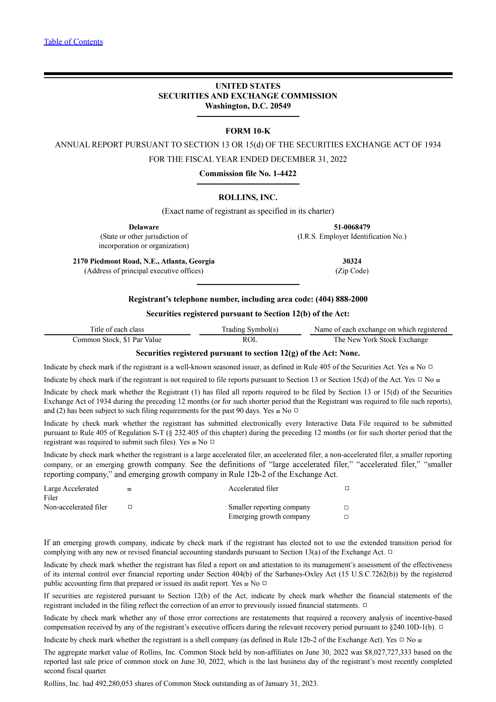 Rollins' Q4 2022 Annual report
