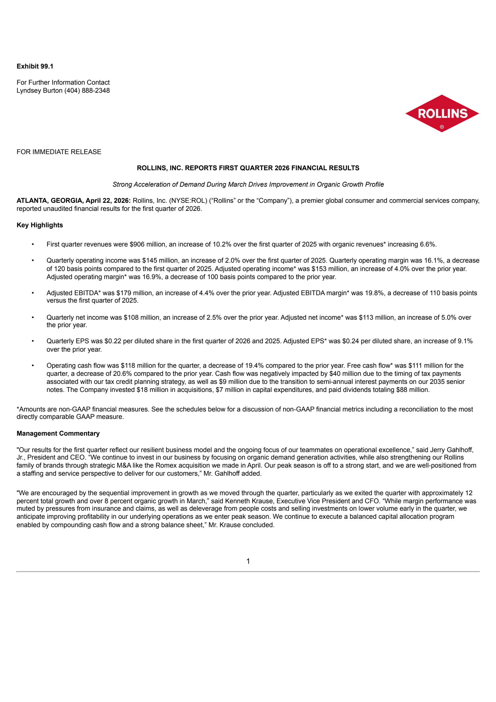 Rollins' Q1 2026 Press Release