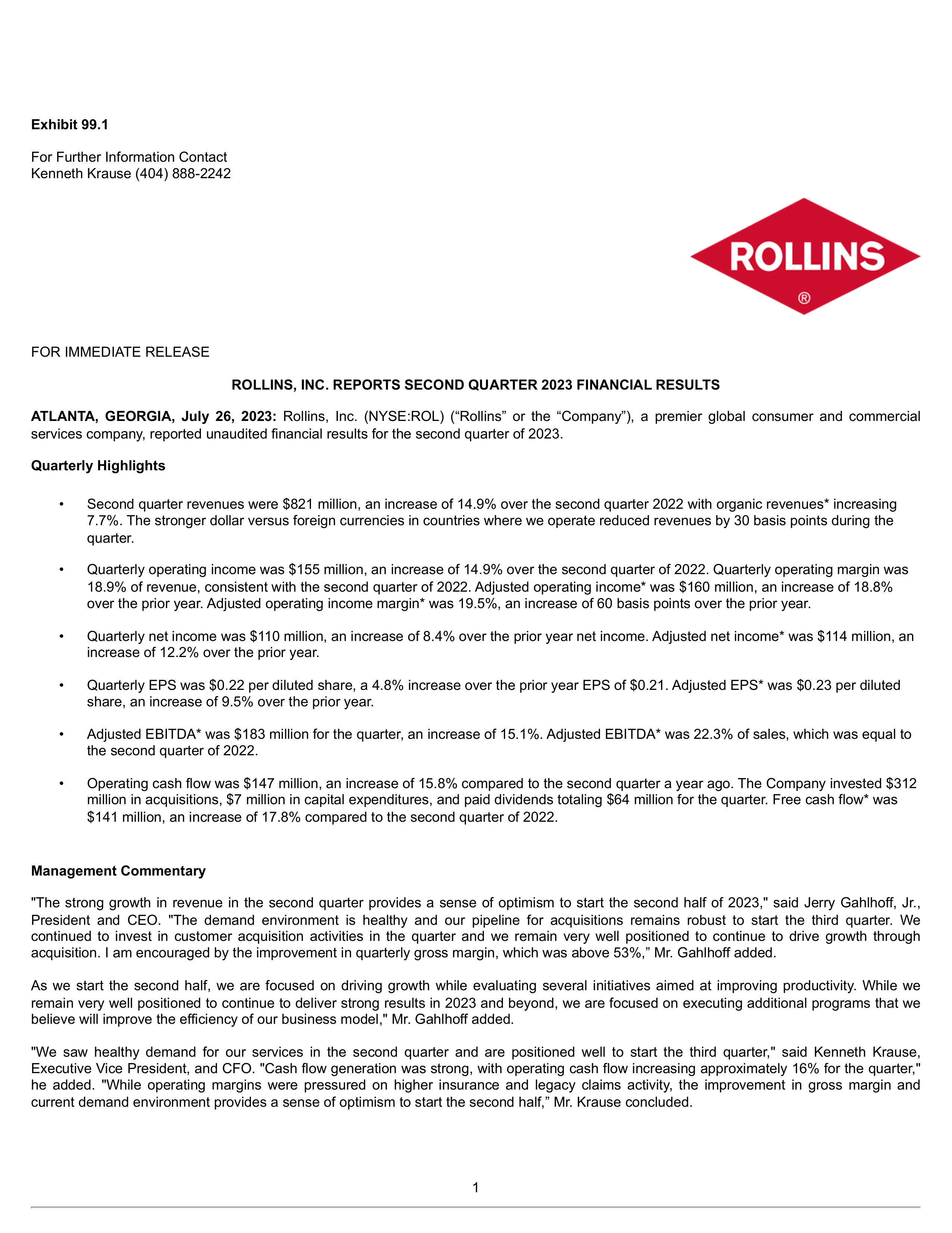 Rollins' Q2 2023 Press Release