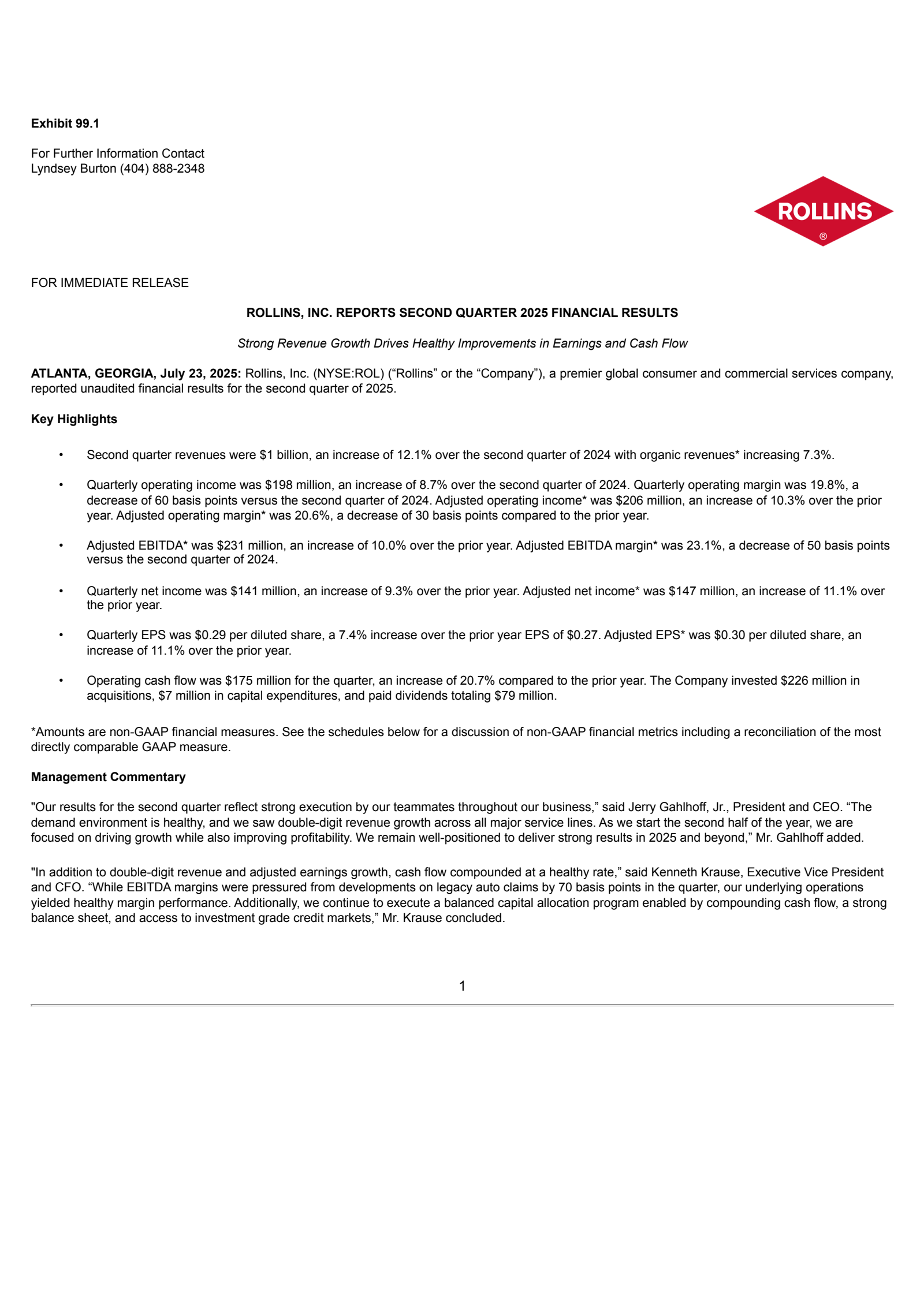 Rollins' Q2 2025 Press Release