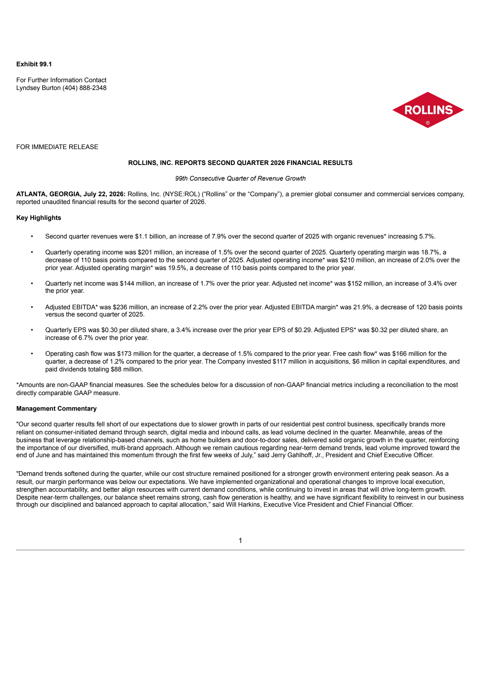 Rollins' Q2 2026 Press Release