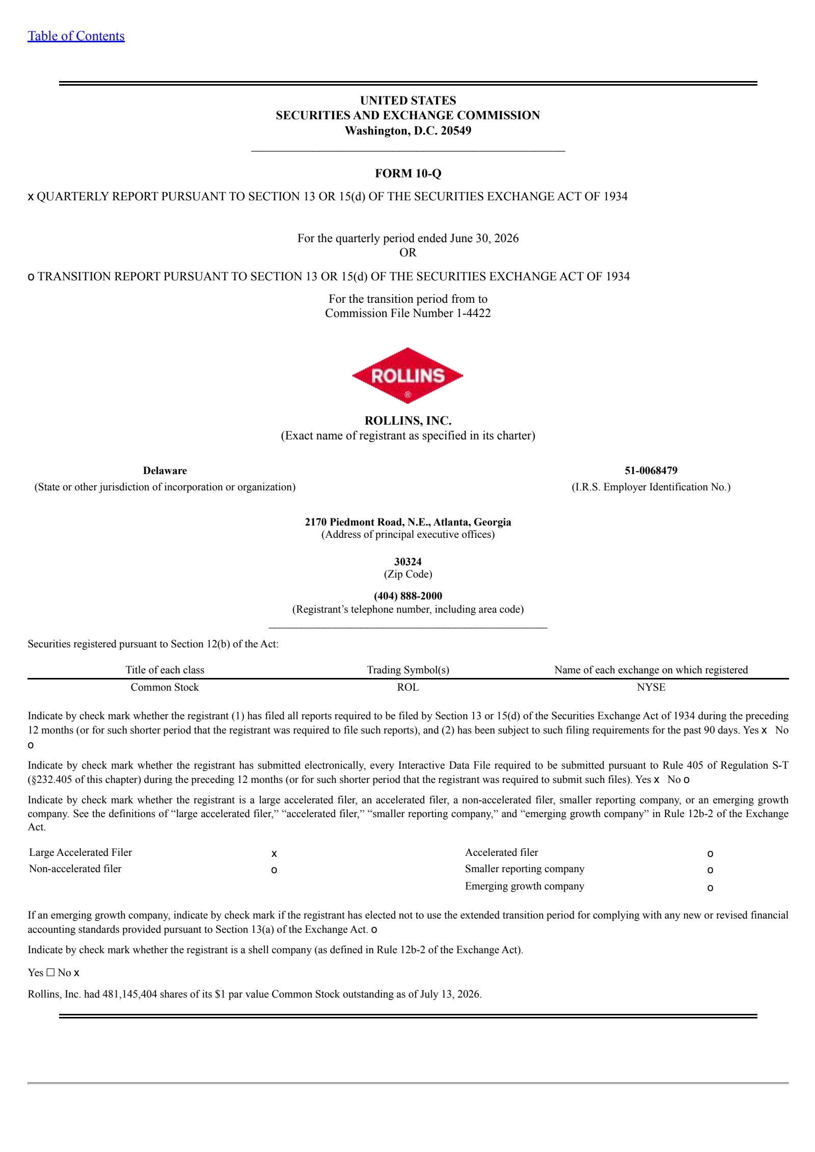 Rollins' Q2 2026 Quarterly report