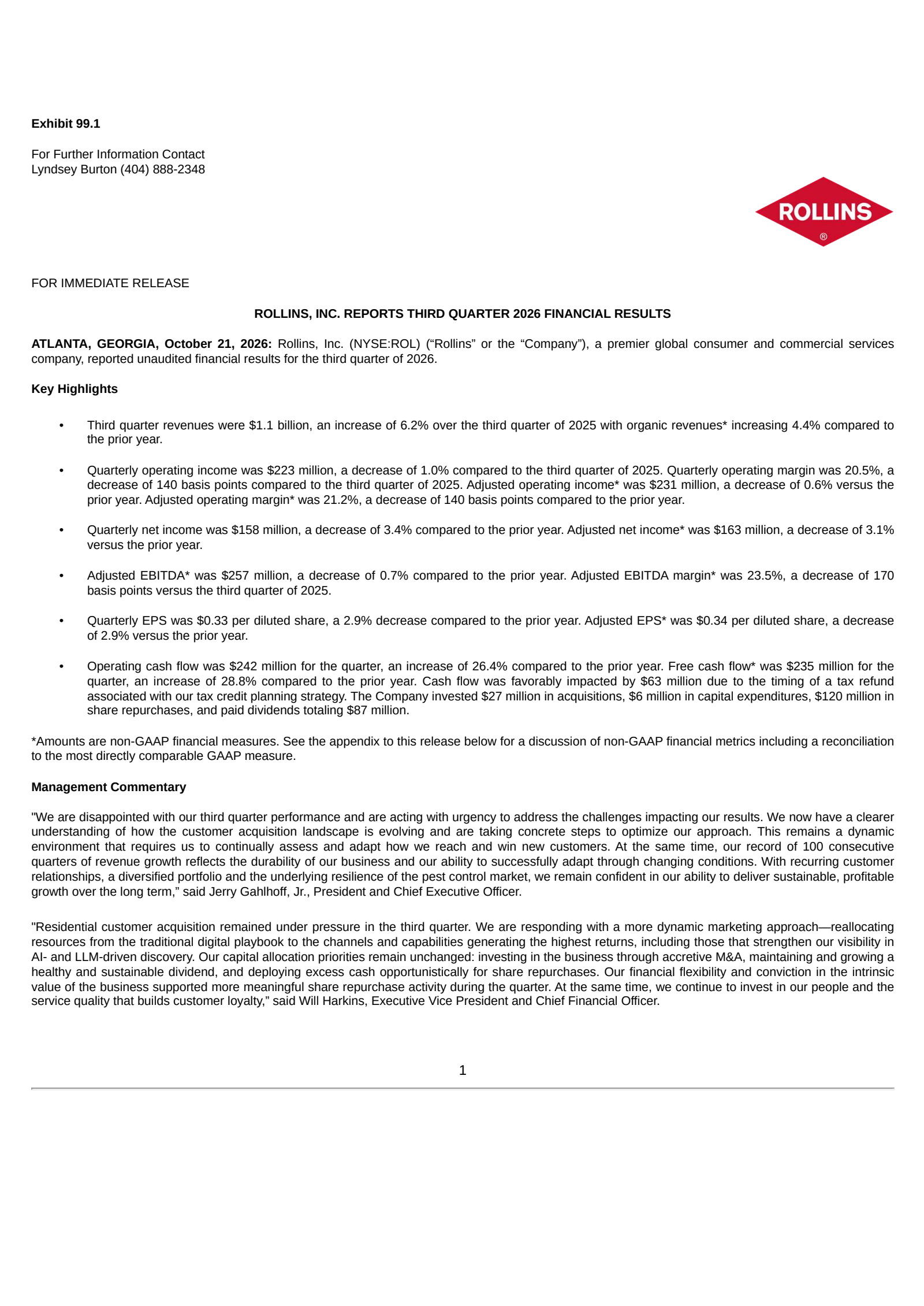 Rollins' Q3 2026 Press Release