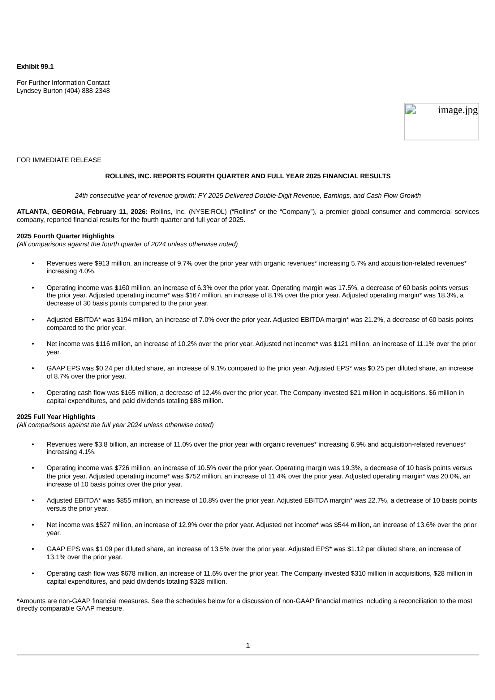 Rollins' Q4 2025 Press Release