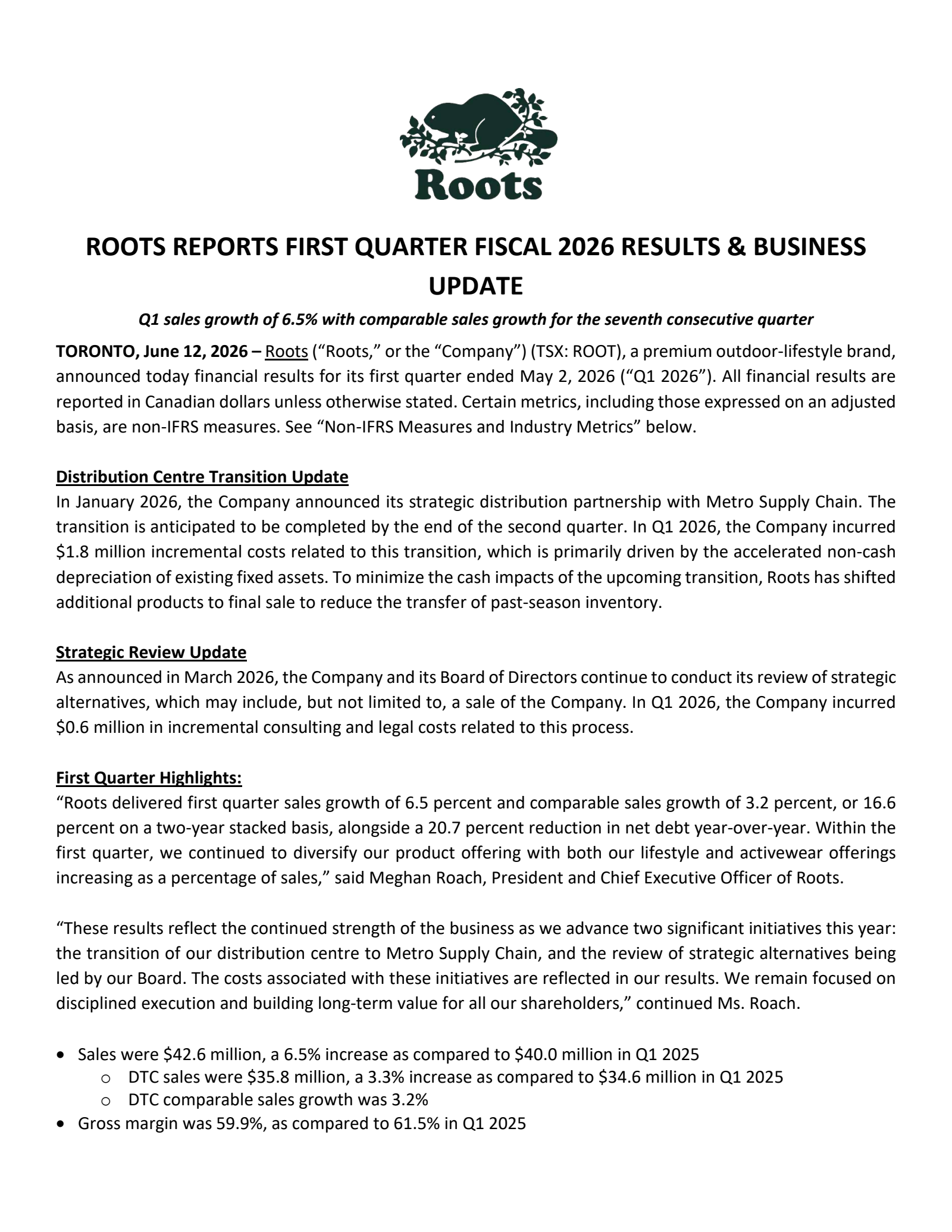 Roots' Q1 2027 Press Release