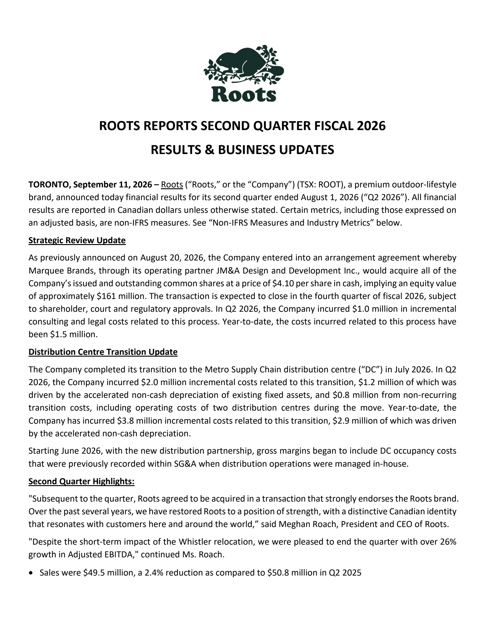 Roots' Q2 2027 Press Release