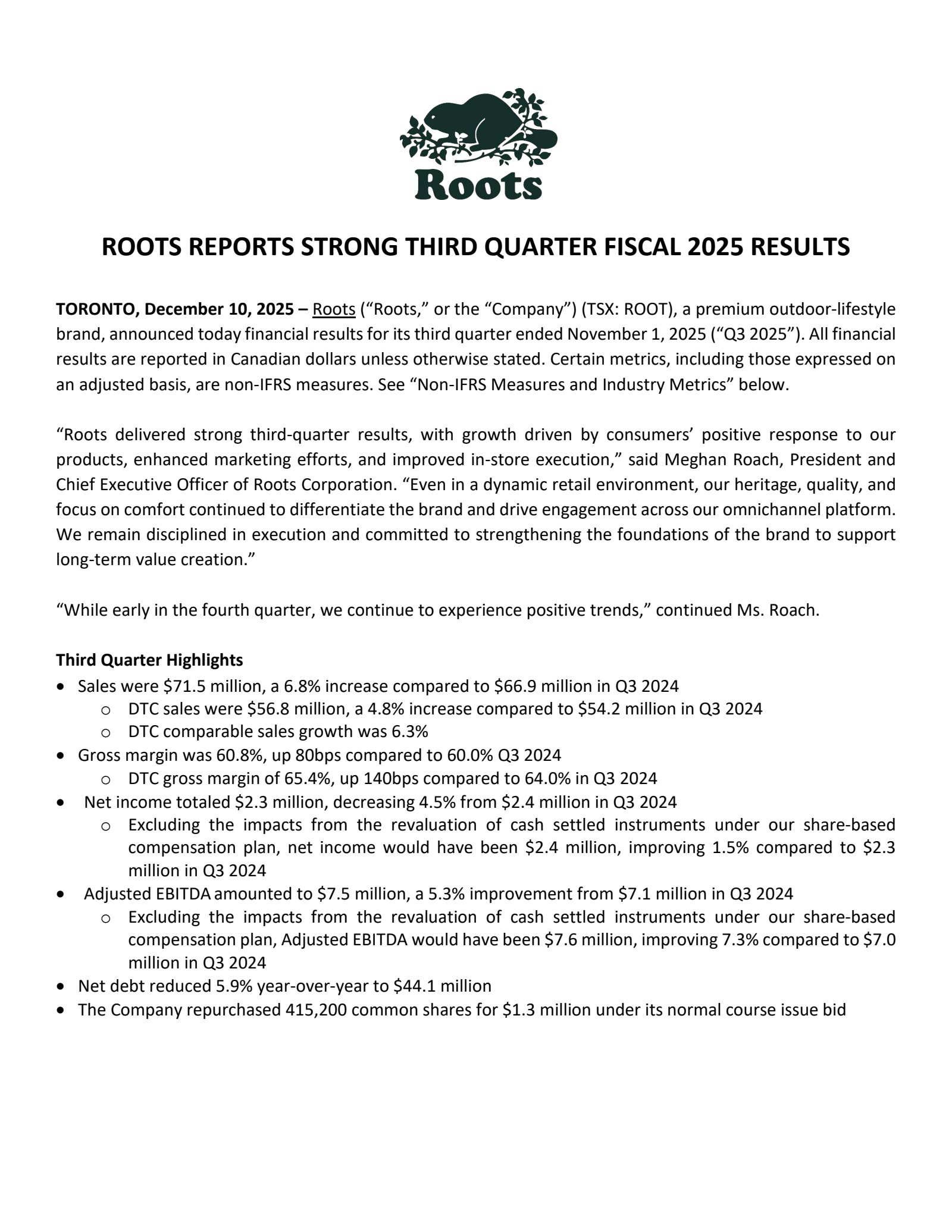 Roots' Q3 2026 Earnings Release