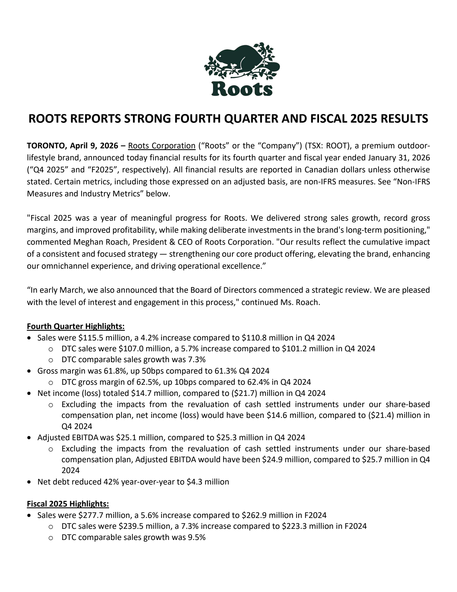 Roots' Q4 2026 Press Release