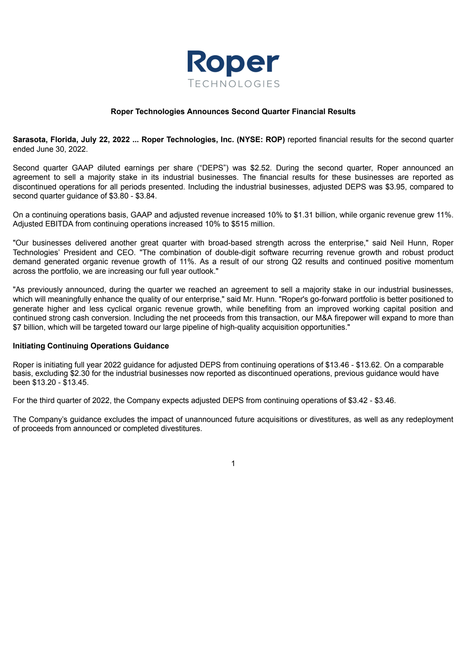 Roper Technologies' Q2 2022 Earnings Release