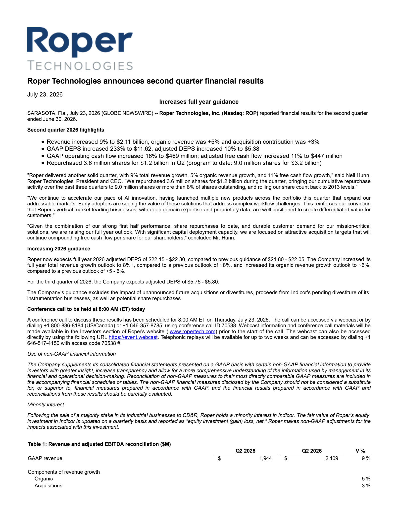 Roper Technologies' Q2 2026 Press Release