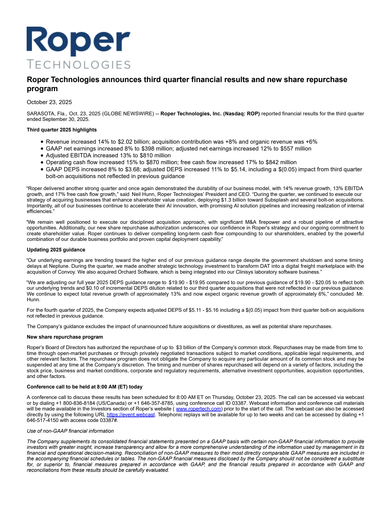 Roper Technologies' Q3 2025 Earnings Release