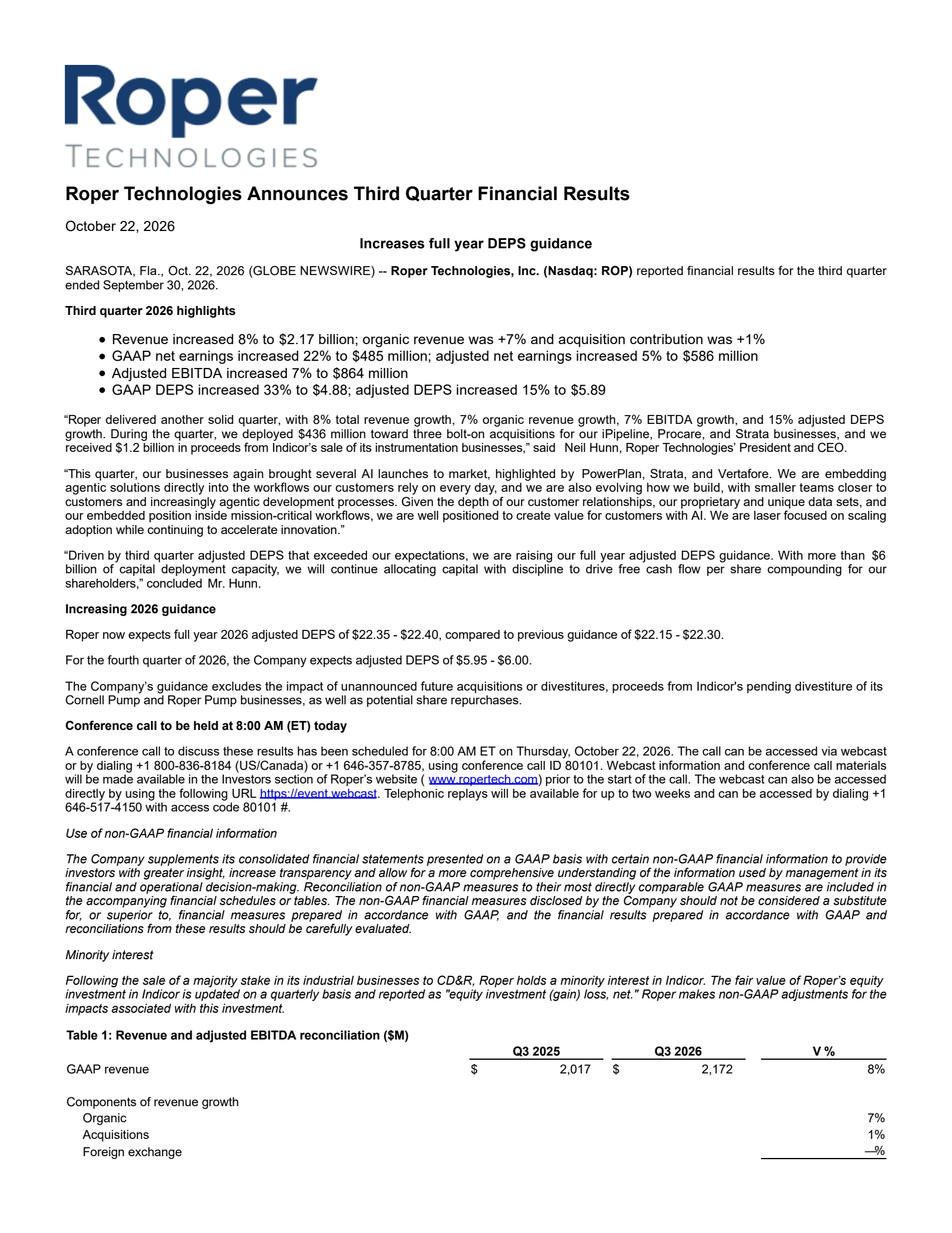 Roper Technologies' Q3 2026 Press Release