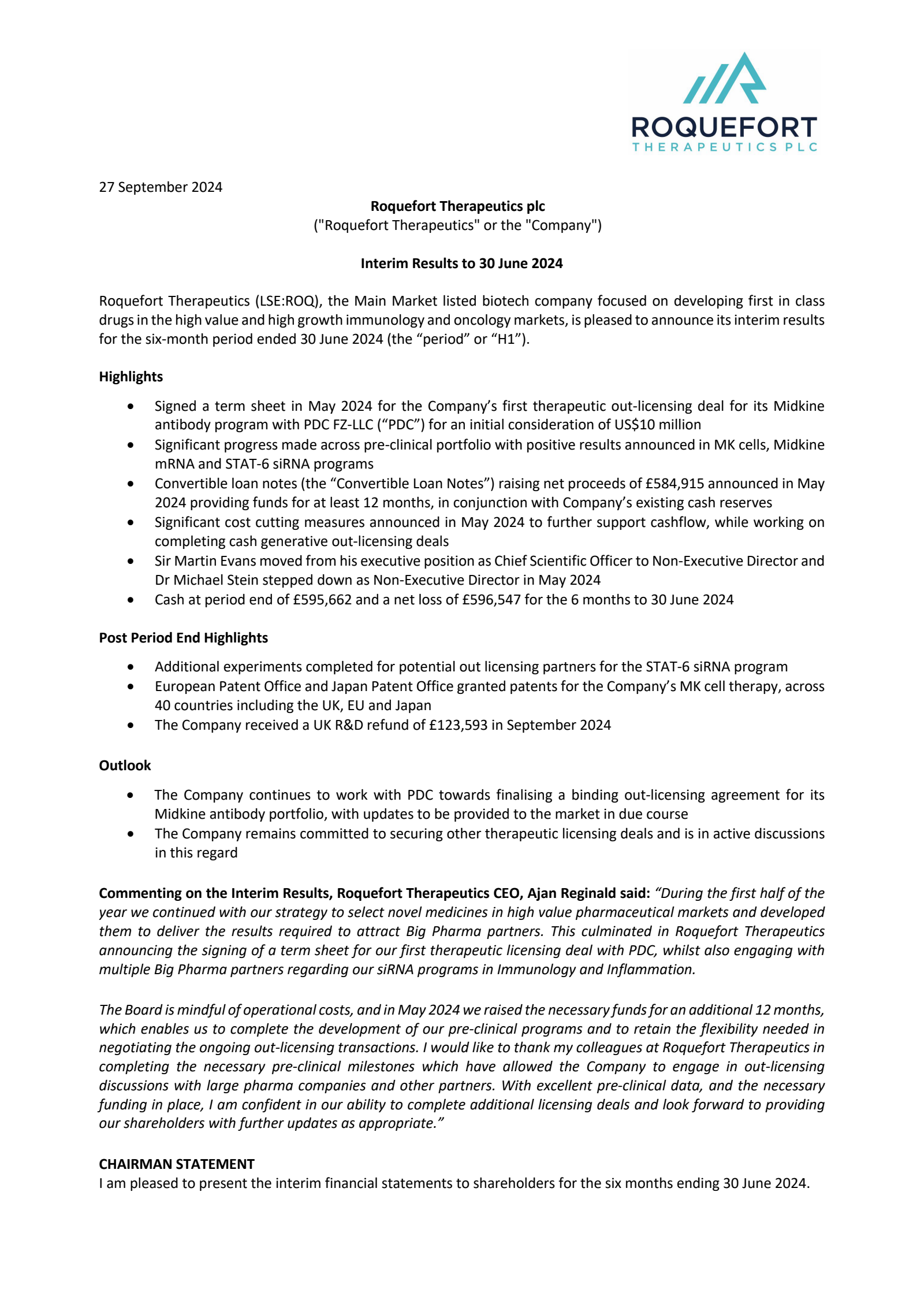 Roquefort Therapeutics' H1 2024 Interim report