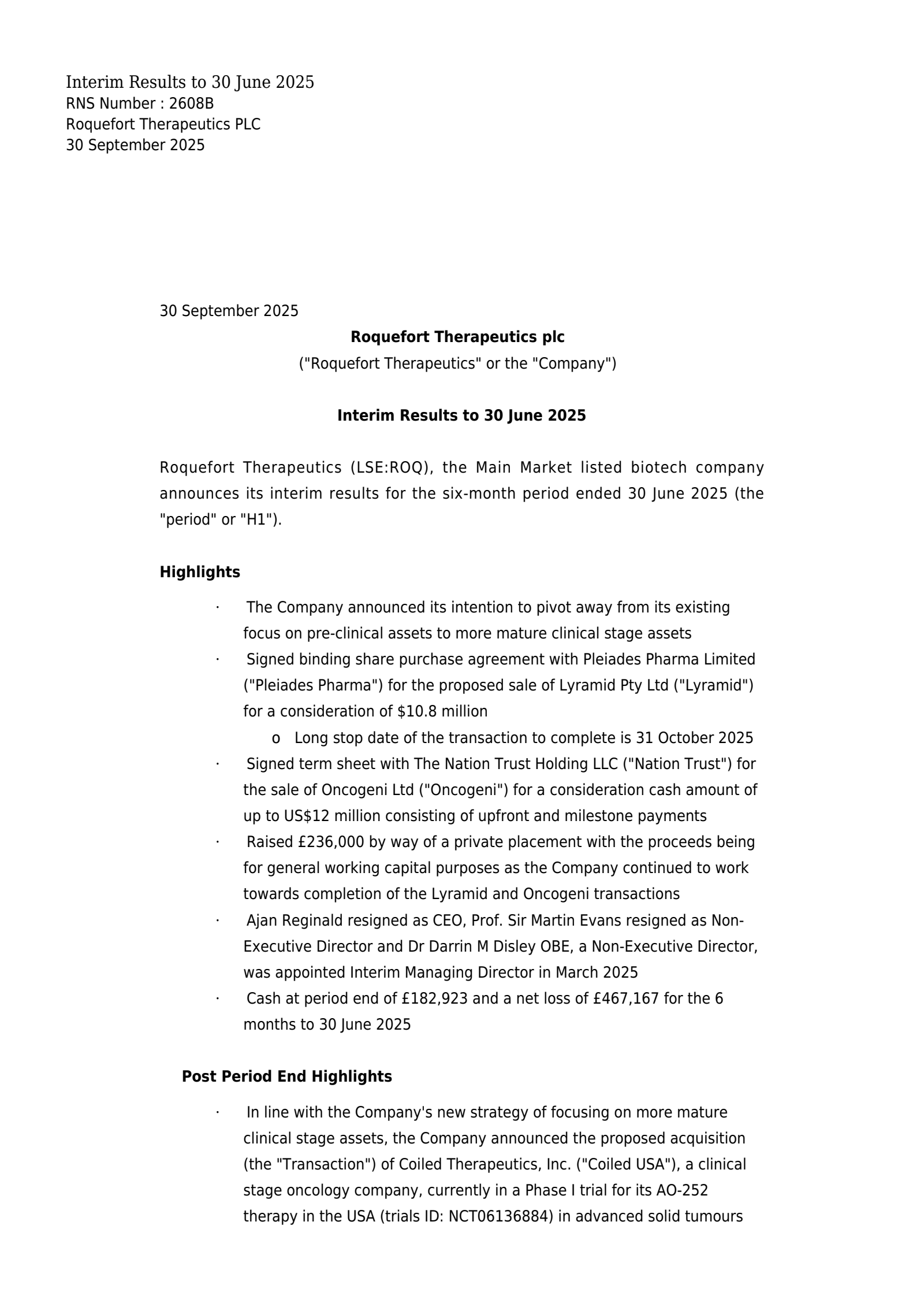Roquefort Therapeutics' H1 2025 Interim Report