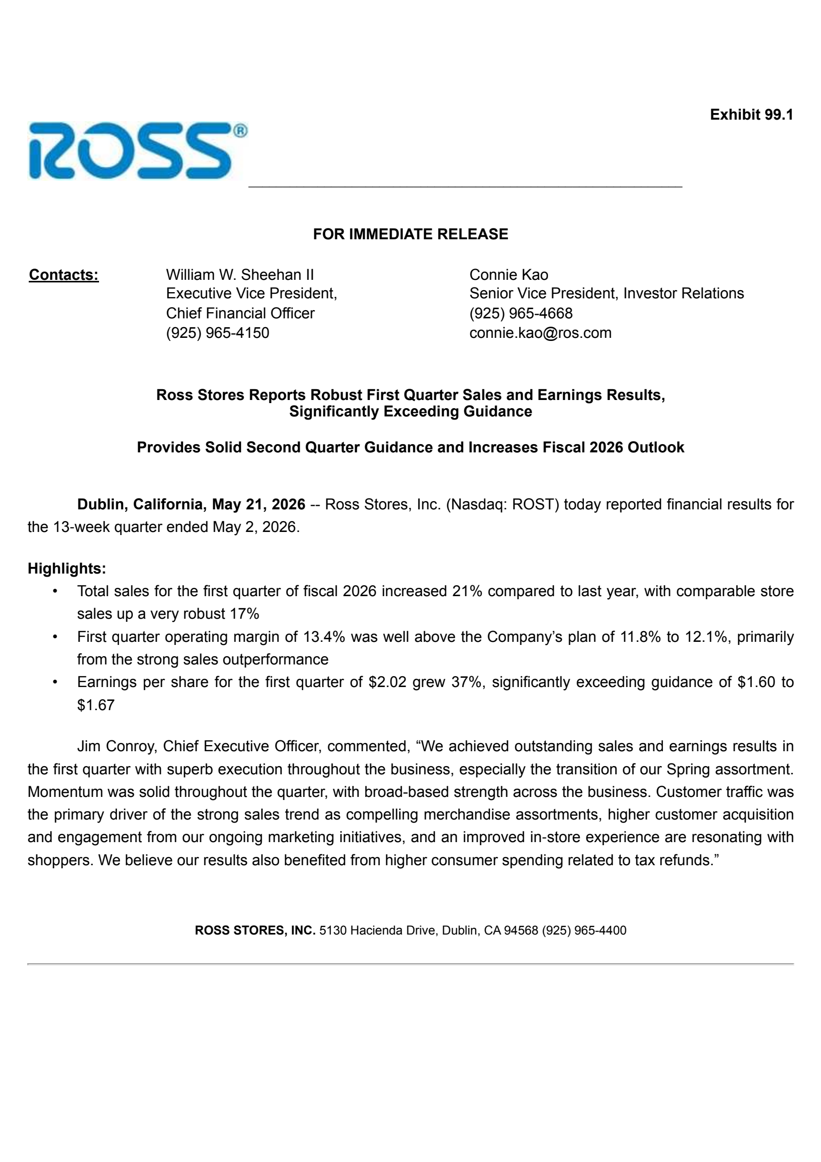 Ross Stores' Q1 2026 Press Release