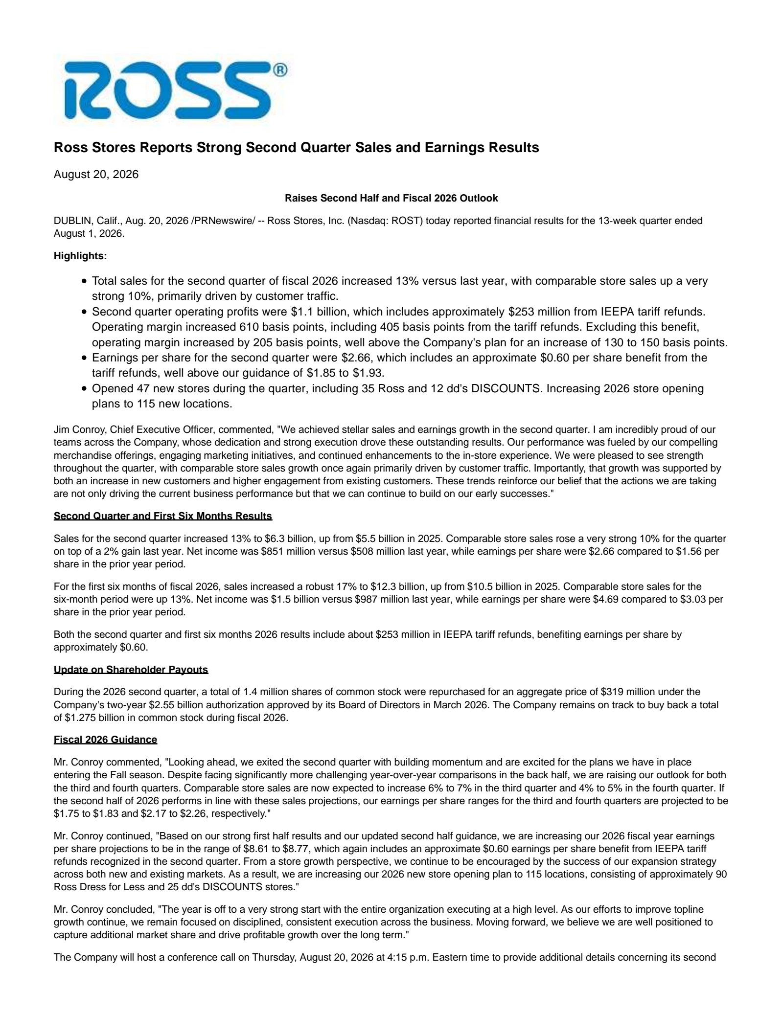 Ross Stores' Q2 2026 Press Release