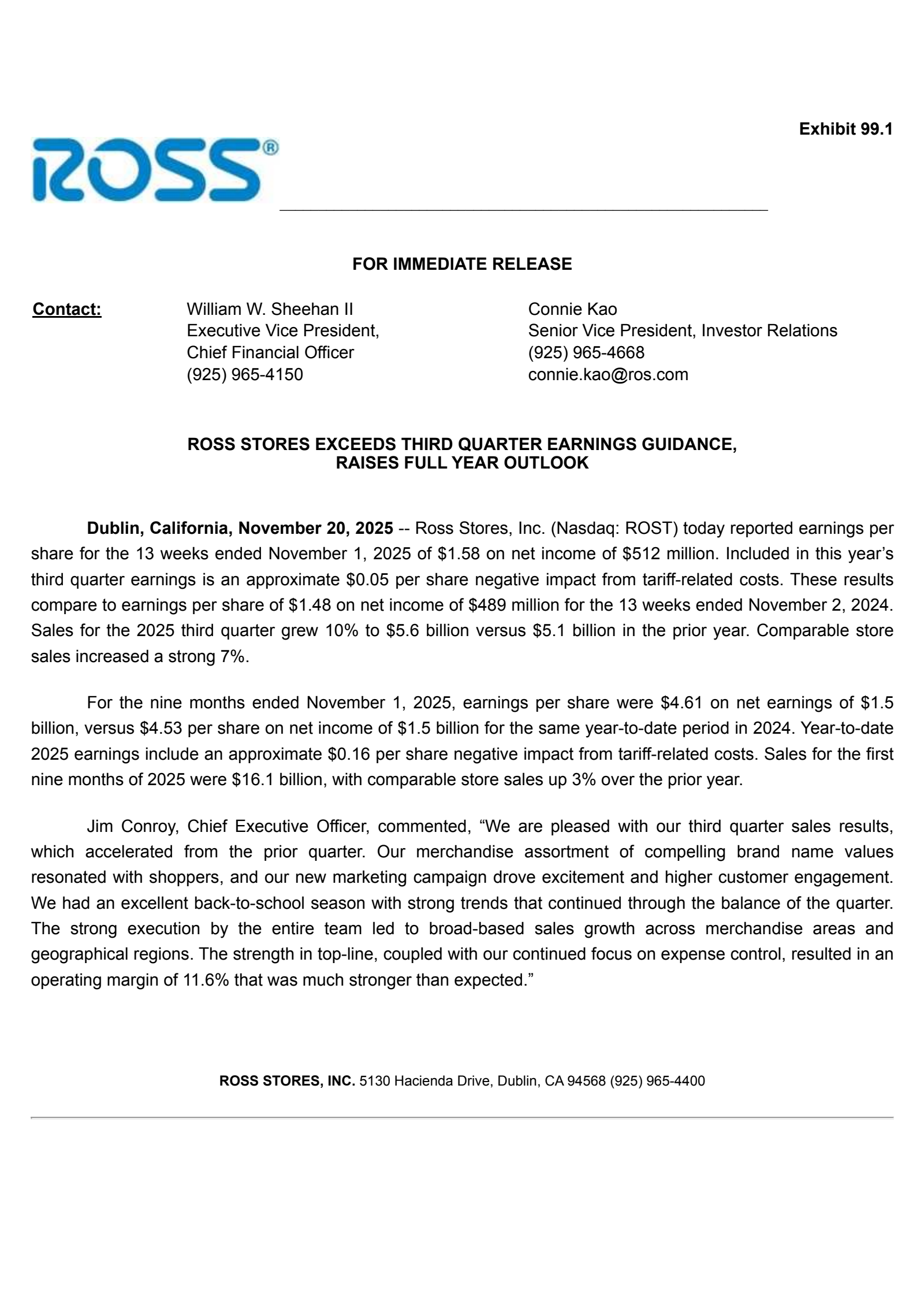 Ross Stores' Q3 2025 Earnings Release