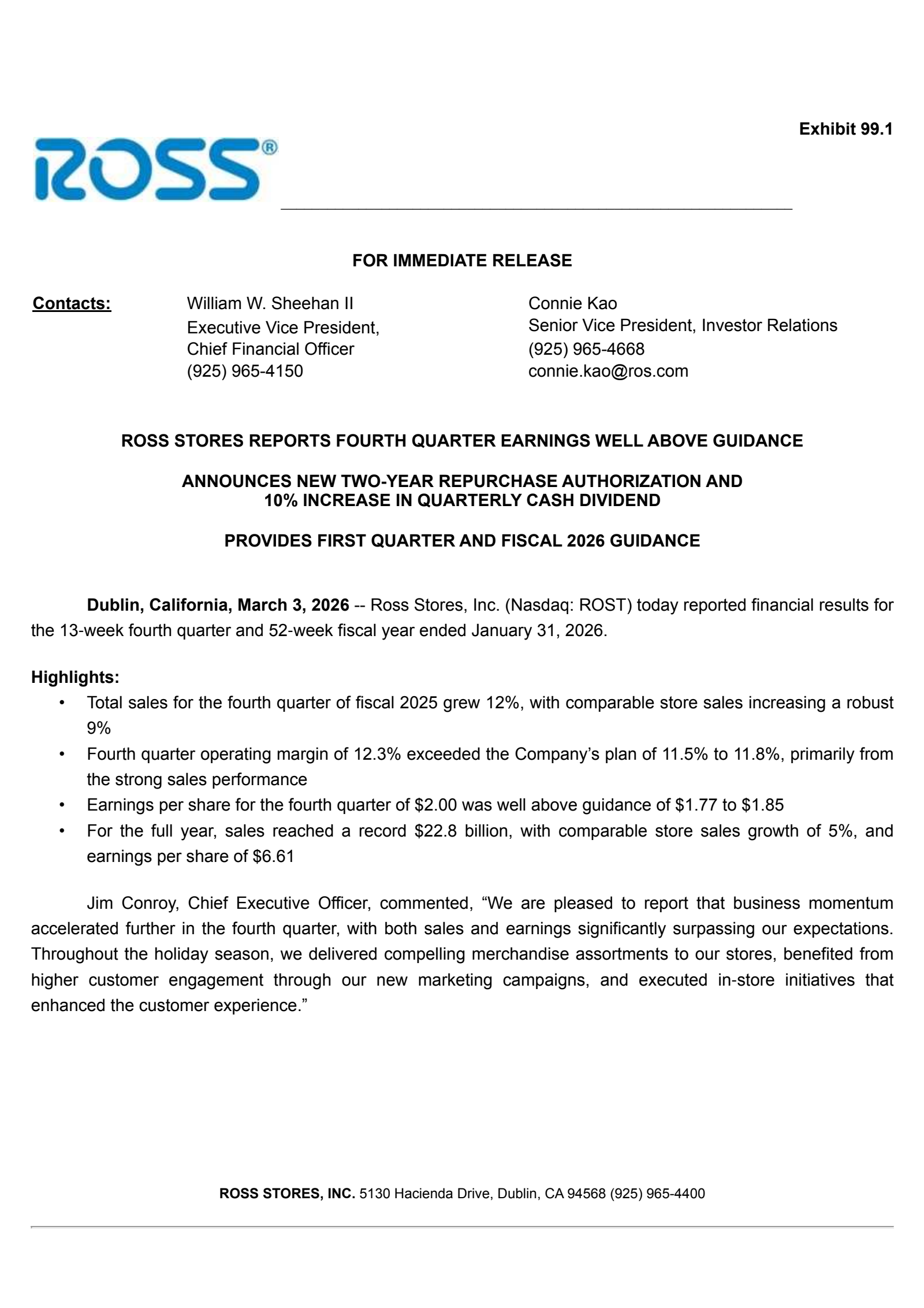 Ross Stores' Q4 2025 Press Release
