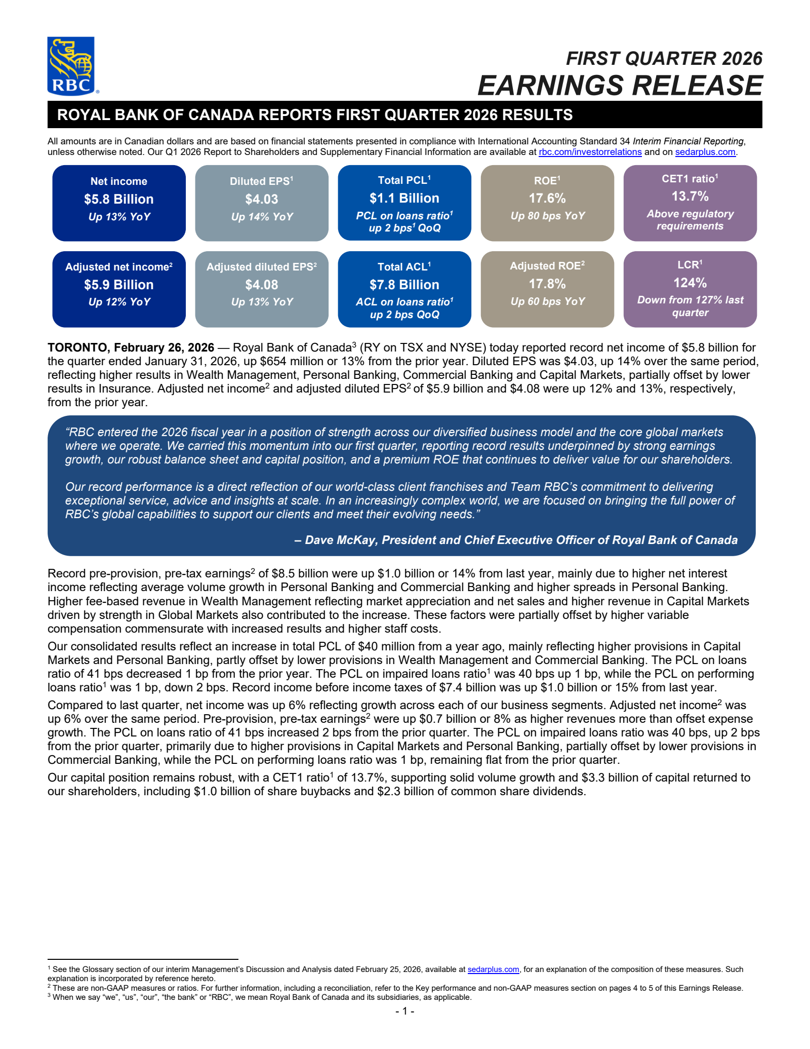 Royal Bank Of Canada's Q1 2026 Press Release