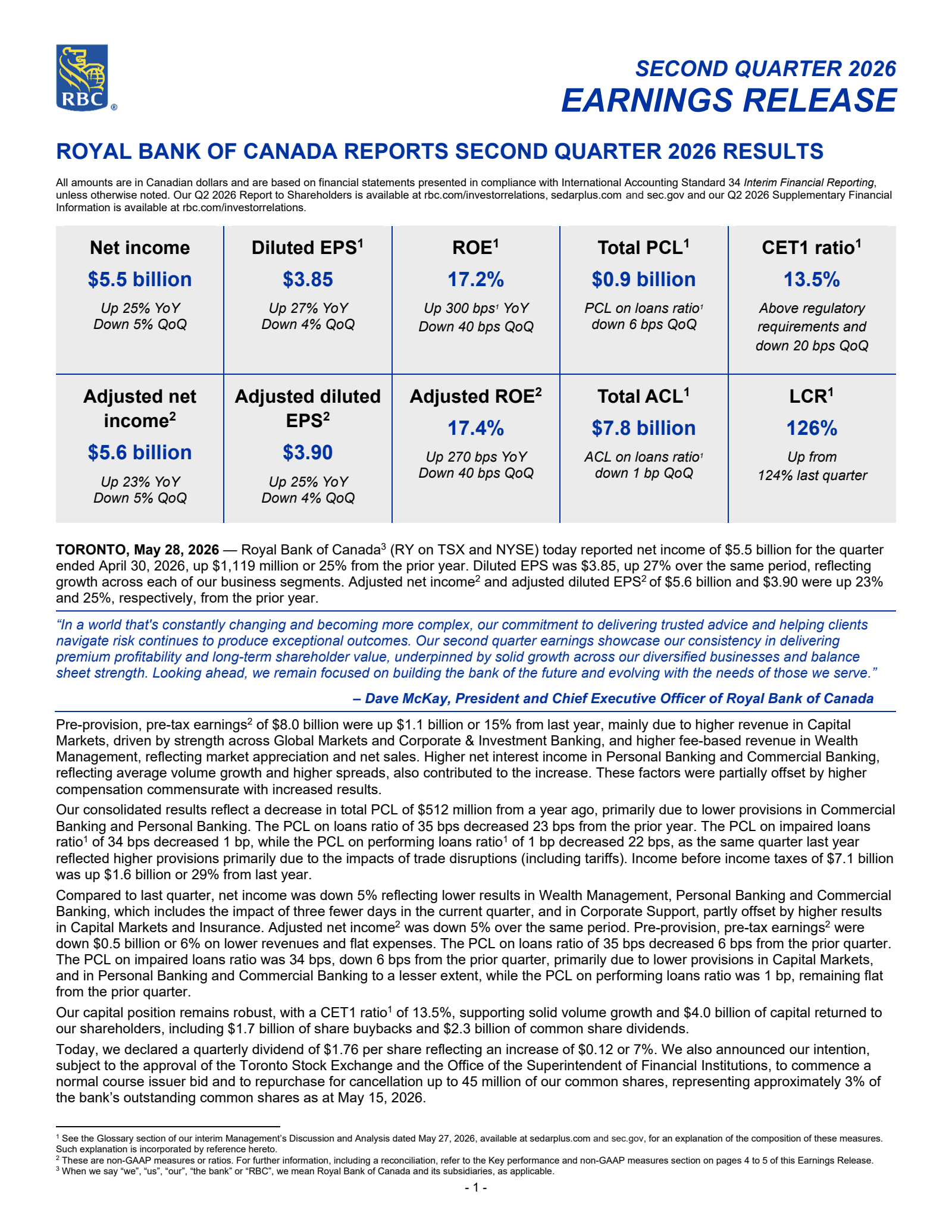 Royal Bank Of Canada's Q2 2026 Press Release