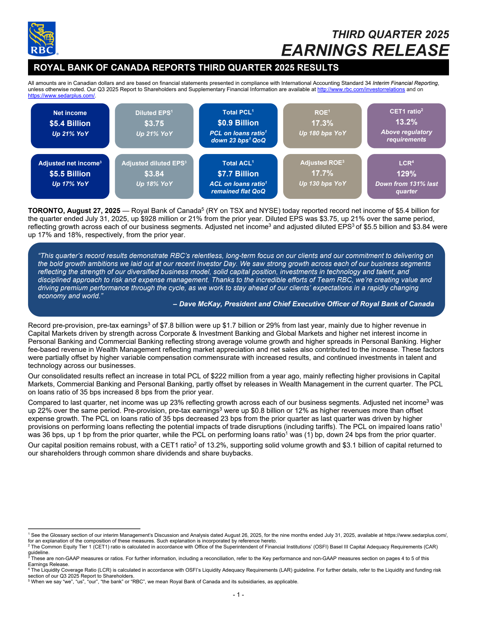 Royal Bank Of Canada's Q3 2025 Press Release