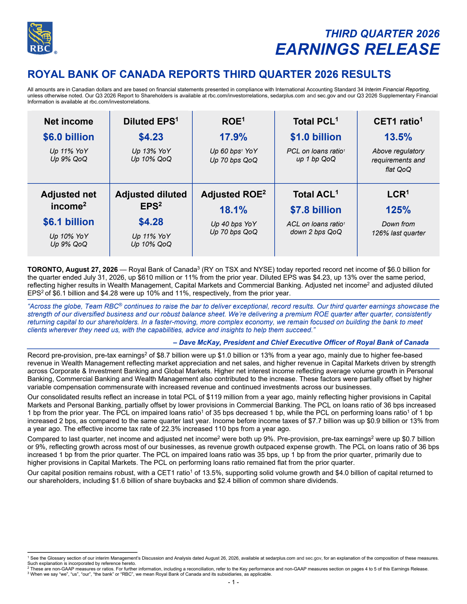 Royal Bank Of Canada's Q3 2026 Press Release