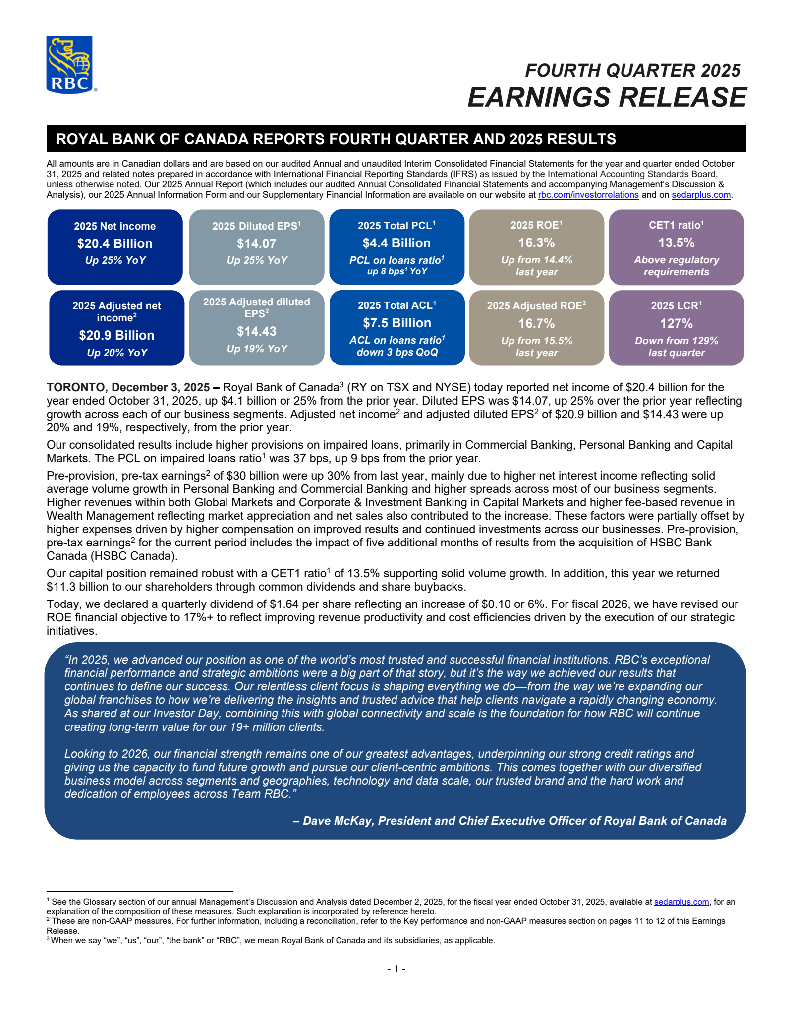 Royal Bank Of Canada's Q4 2025 Press Release