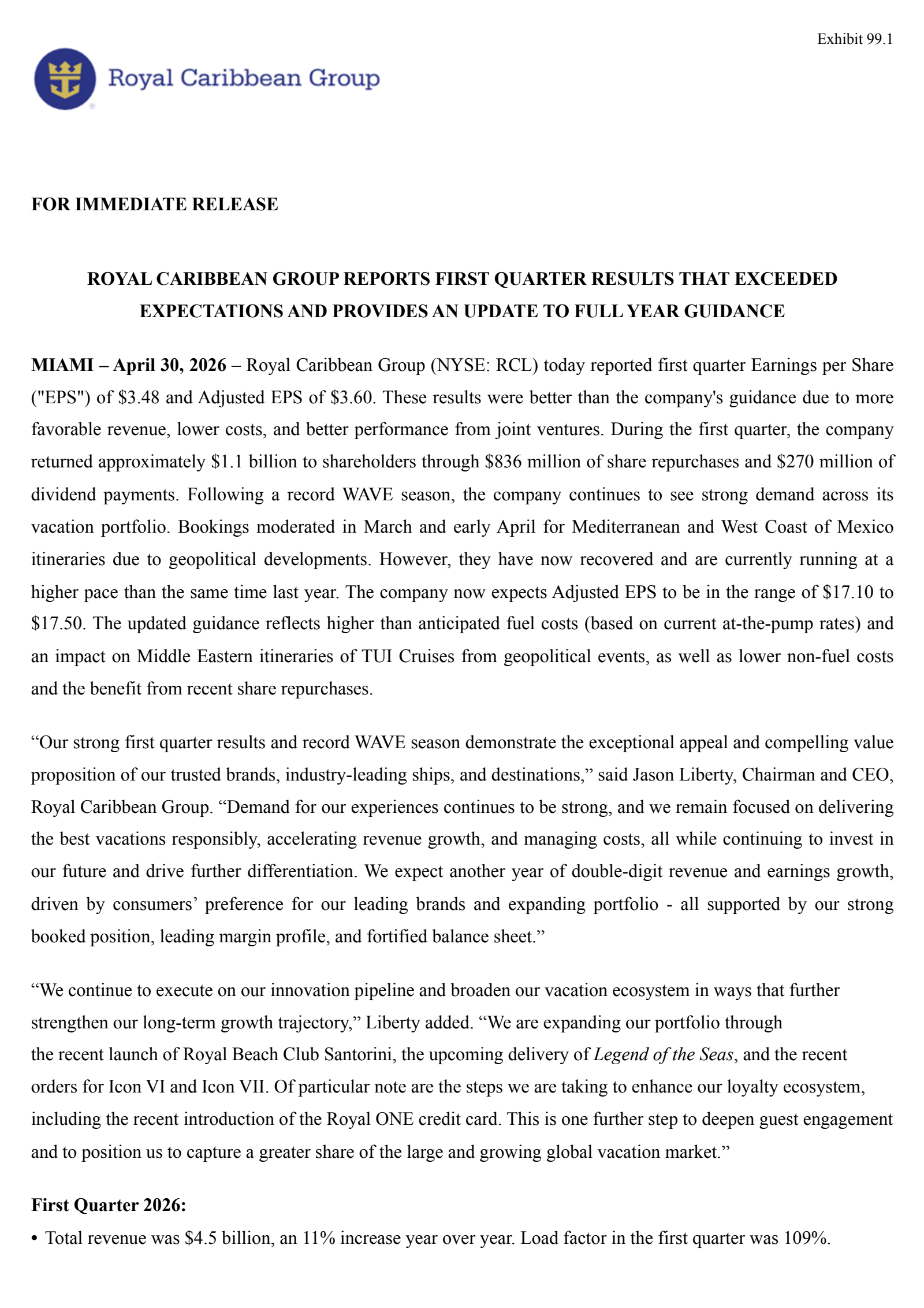Royal Caribbean Cruises' Q1 2026 Press Release