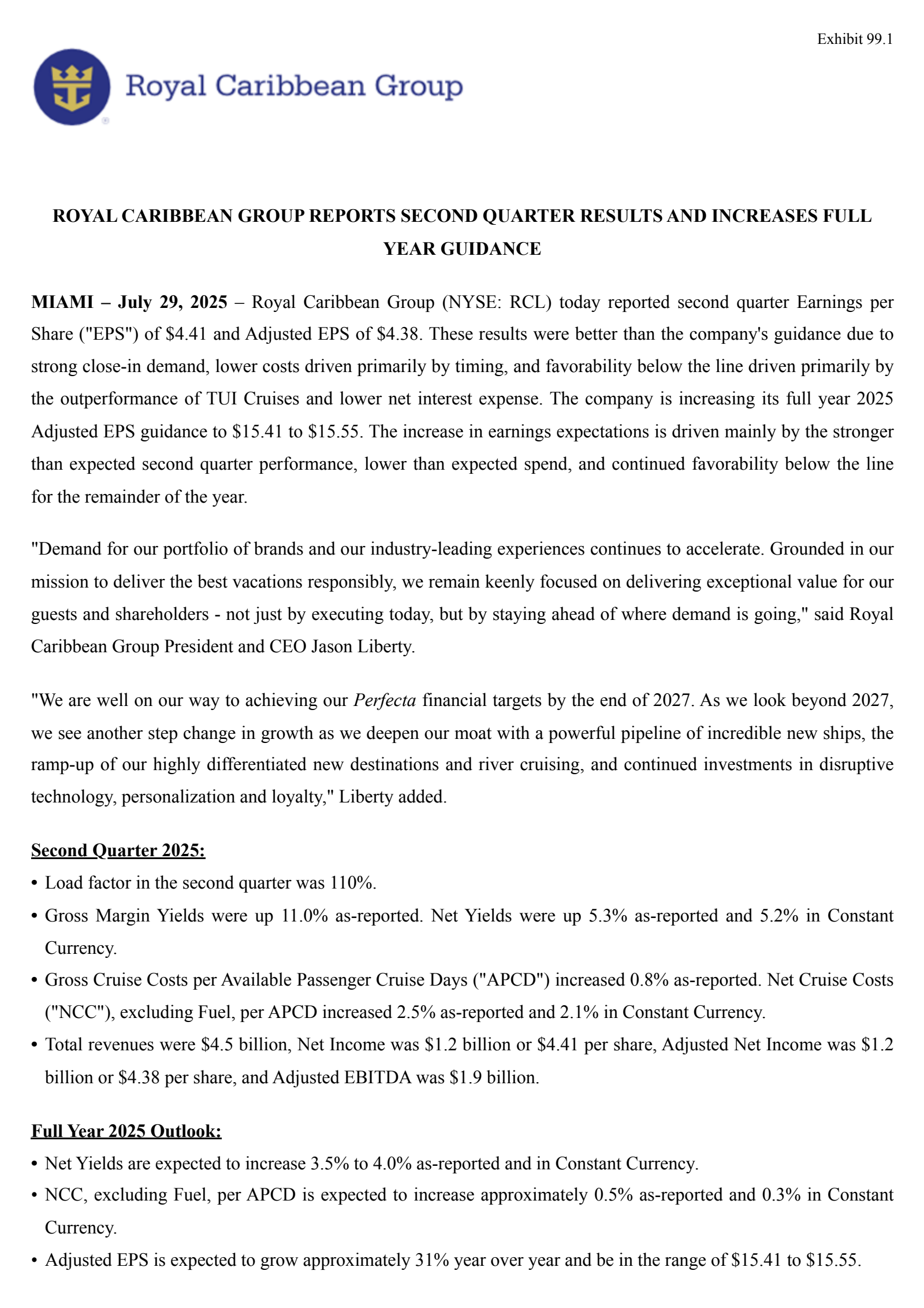 Royal Caribbean Cruises' Q2 2025 Press Release
