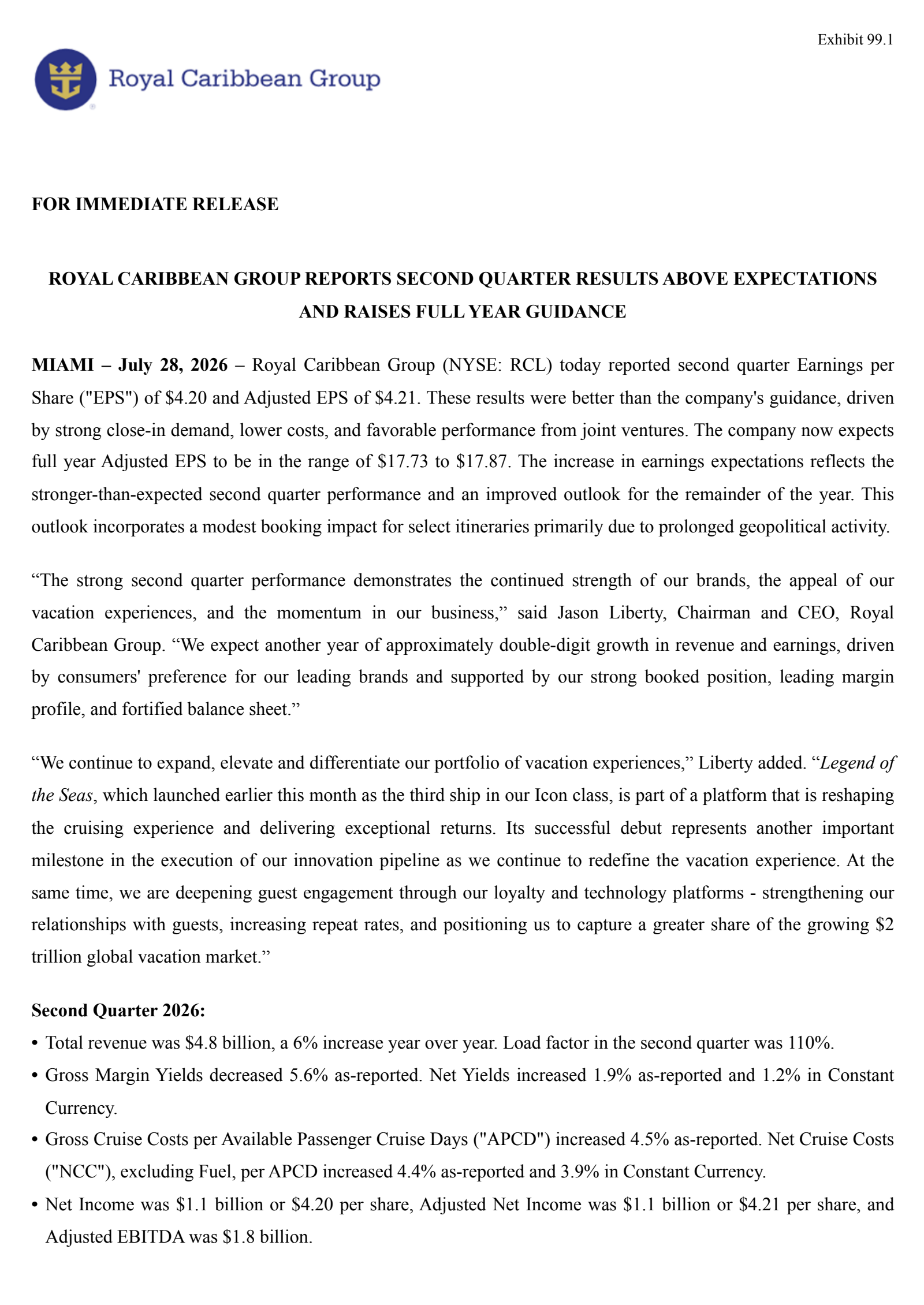 Royal Caribbean Cruises' Q2 2026 Press Release