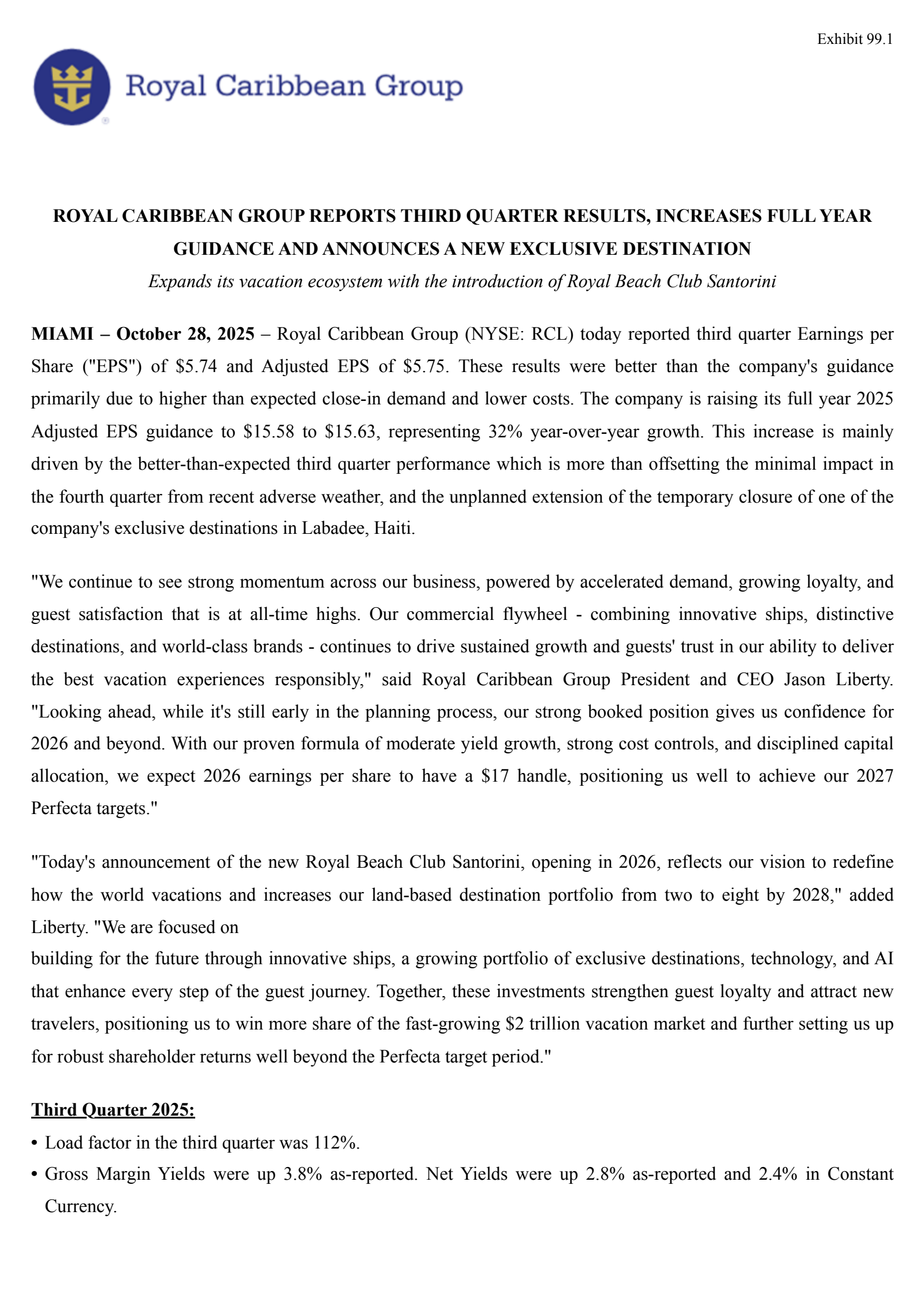 Royal Caribbean Cruises' Q3 2025 Earnings Release