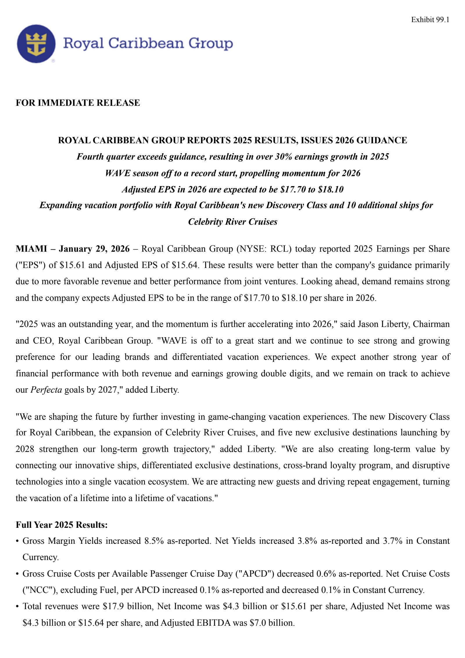 Royal Caribbean Cruises' Q4 2025 Press Release