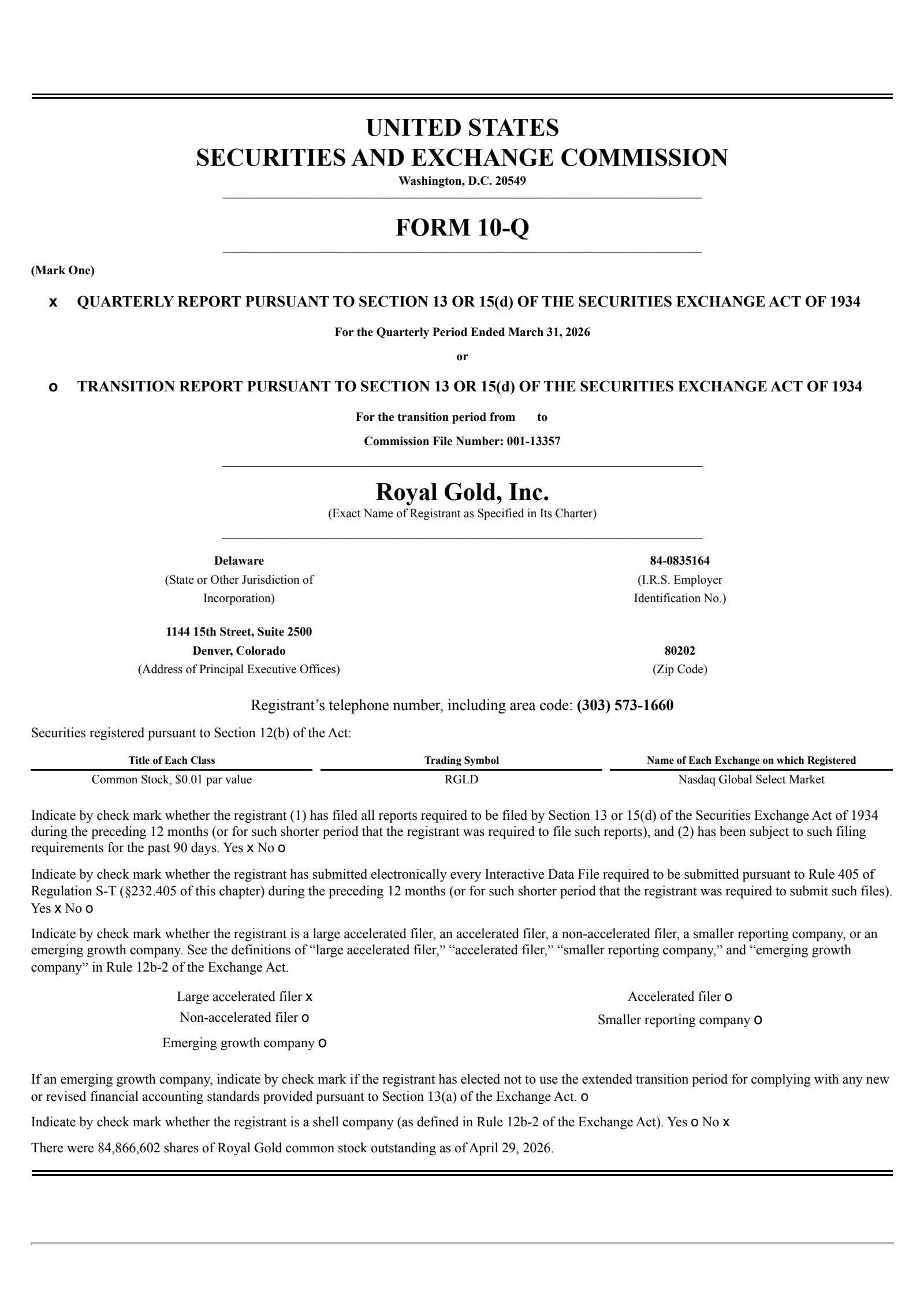 Royal Gold's Q1 2026 Quarterly report
