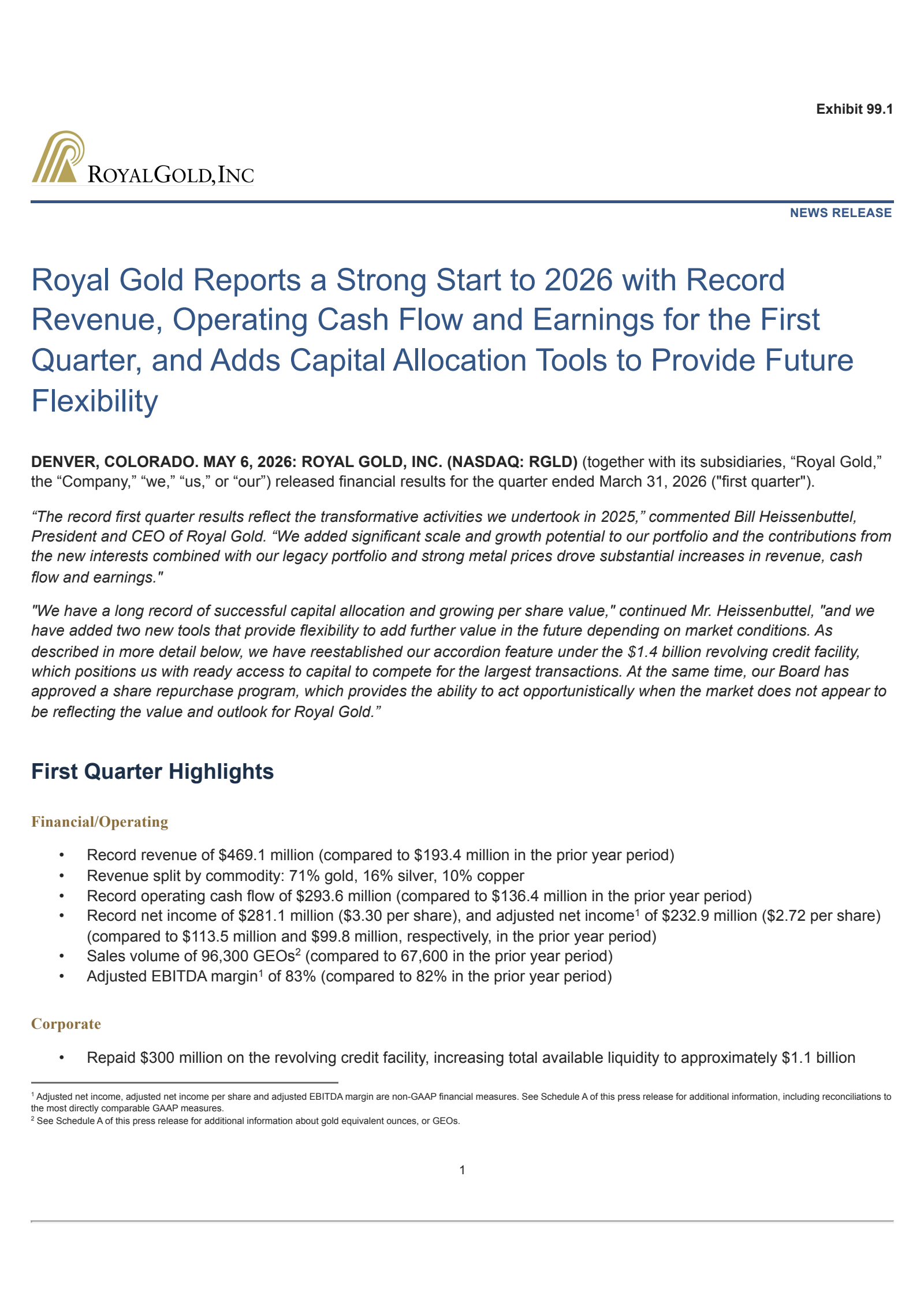 Royal Gold's Q1 2026 Press Release