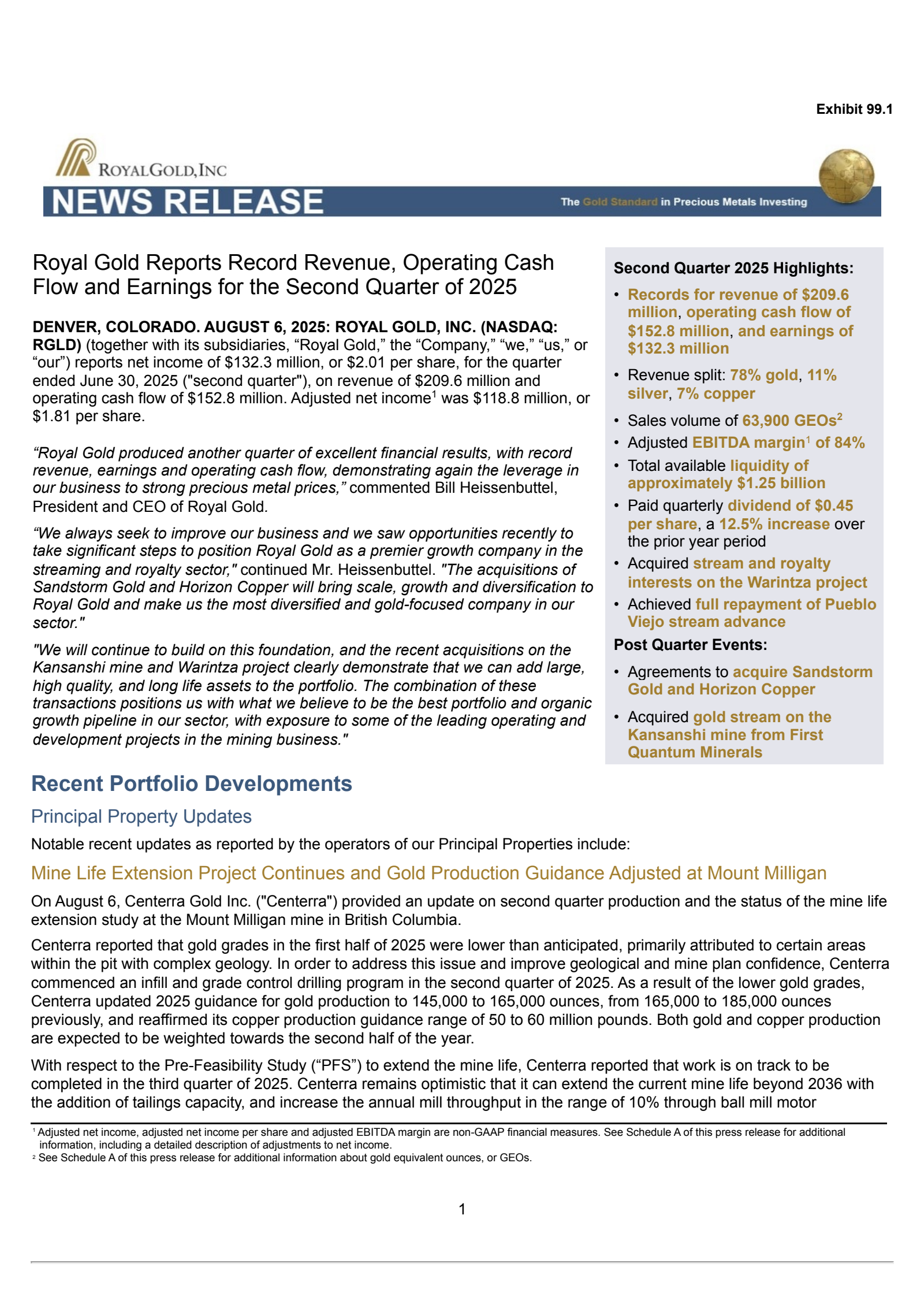 Royal Gold's Q2 2025 Press Release